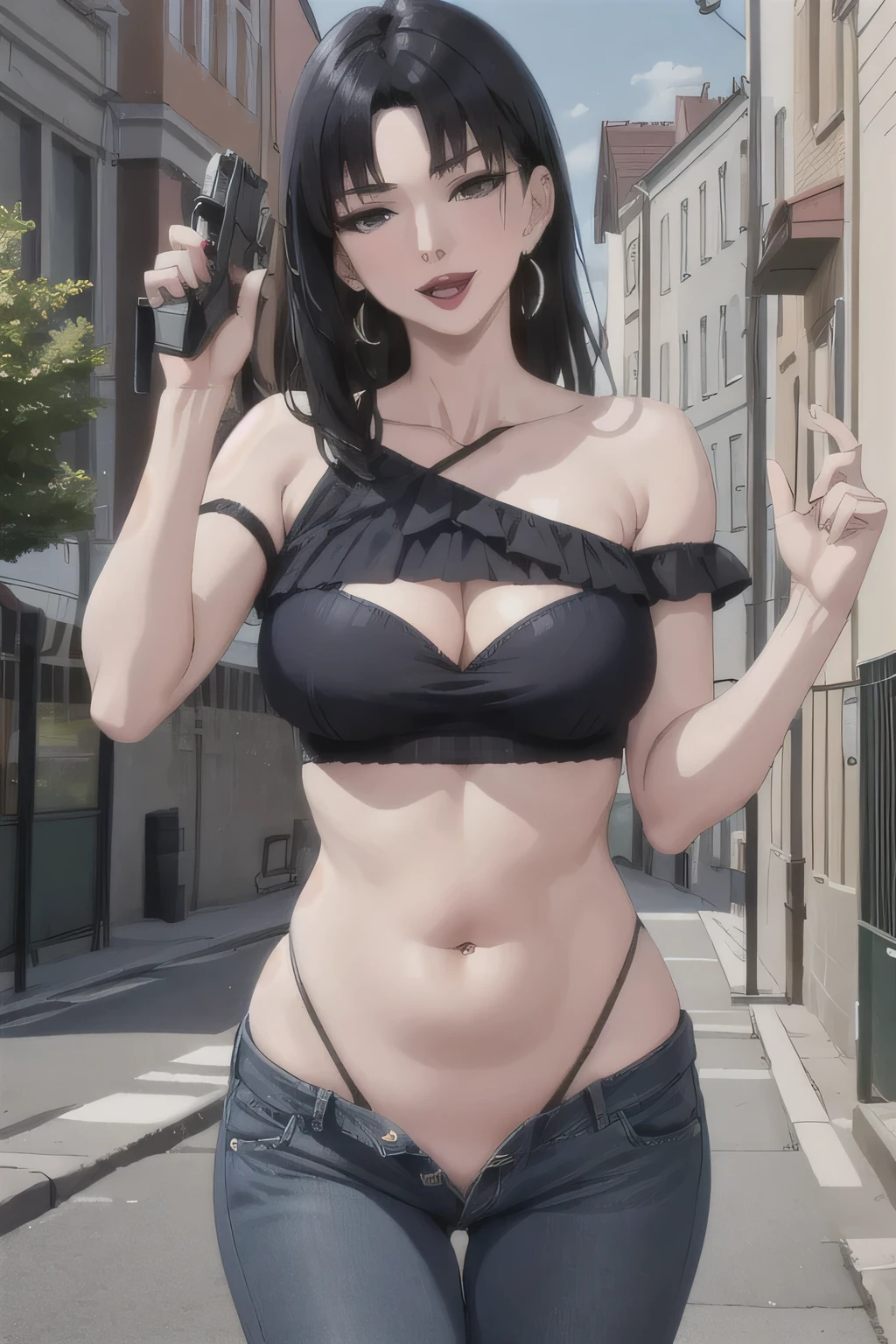  mother1, black hair,  black eyes, earrings, jewelry, lipstick, makeup, mole under mouth, mature female, masterpiece,high quality,4k, bare shoulder,belly,crop top,outdoor,cleavage,jeans,casual
dress,street,road,smile, open mouth, (nsfw) not safe for work, holding a gun,handgun, evil expression,
exposed belly, exposed navel, exposed midriff, exposed lower belly, crop top overhang, underboob,
unbuttoned jeans , low rise black jeans, Low rise jeans, Low rise jeans with open fly, navel piercing