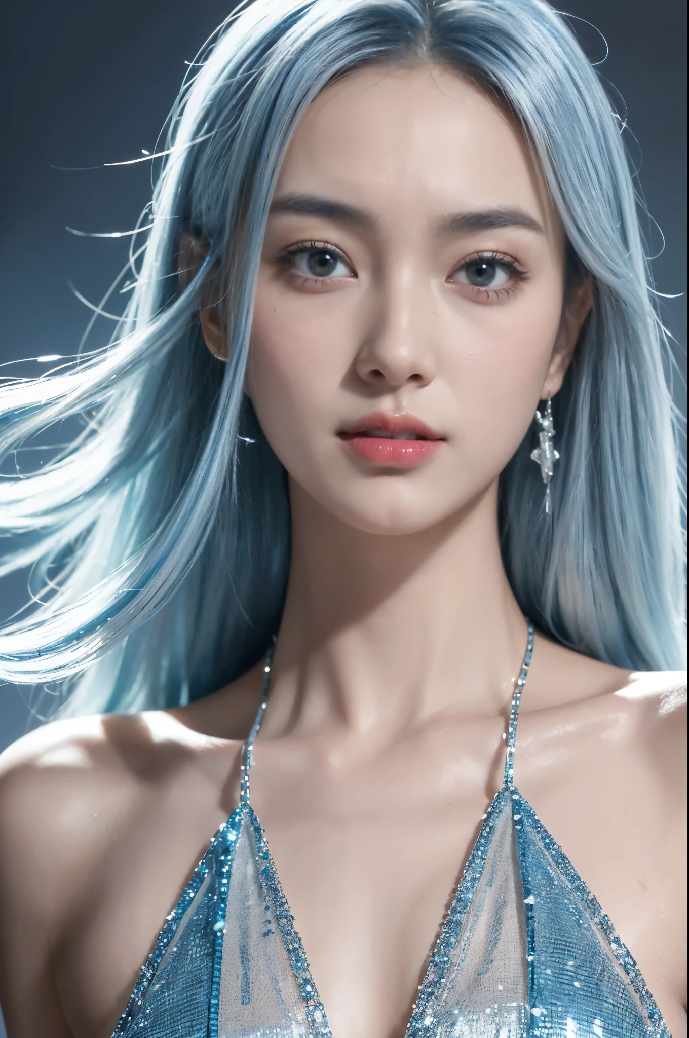 highly detailed, 8k, masterpiece, young asian girl, 19 years old, Blue pink_hair, smile, (perfect_face), sharp facial features, sharp face, ornate, intricate, dramatic lighting, random background, caustics, show full body, goddess look, goddess body, (extra detailed body, extra detailed face, best qualtiy:1.2), a goddess, looking at the viewers, (Silver, light blue and blue gradient hair color, Fancy makeup, accessorized), nude with transparent see-through sheer clothing,