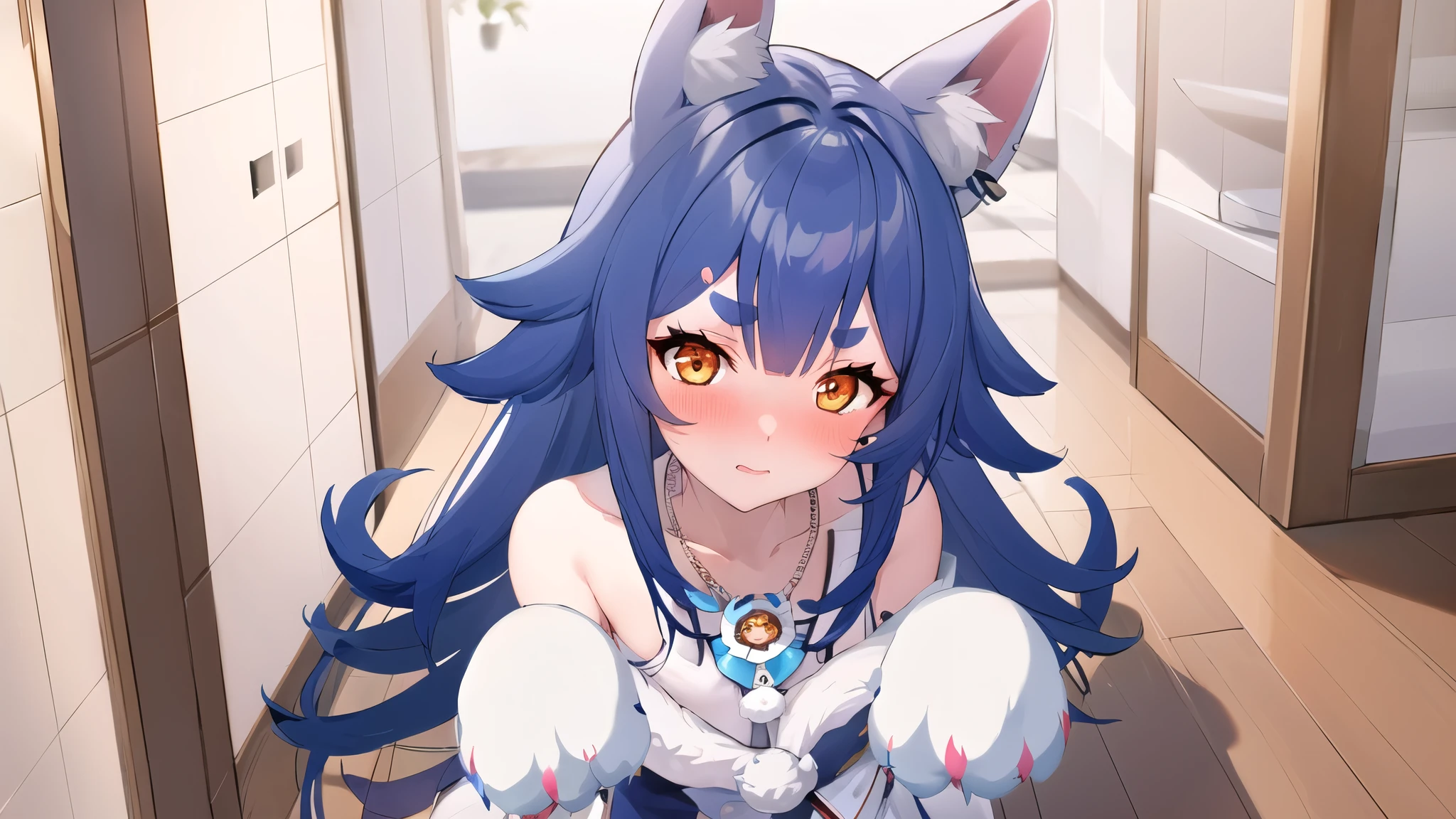 fenlier3,1 girl,alone,blue hair,long hair,orange eyes,There is fur,animal ears,short eyebrows,necklace,fur trimmed dress,looking at the audience,paw mittens,direct,curved_Exceed,nose blushing,indoor,