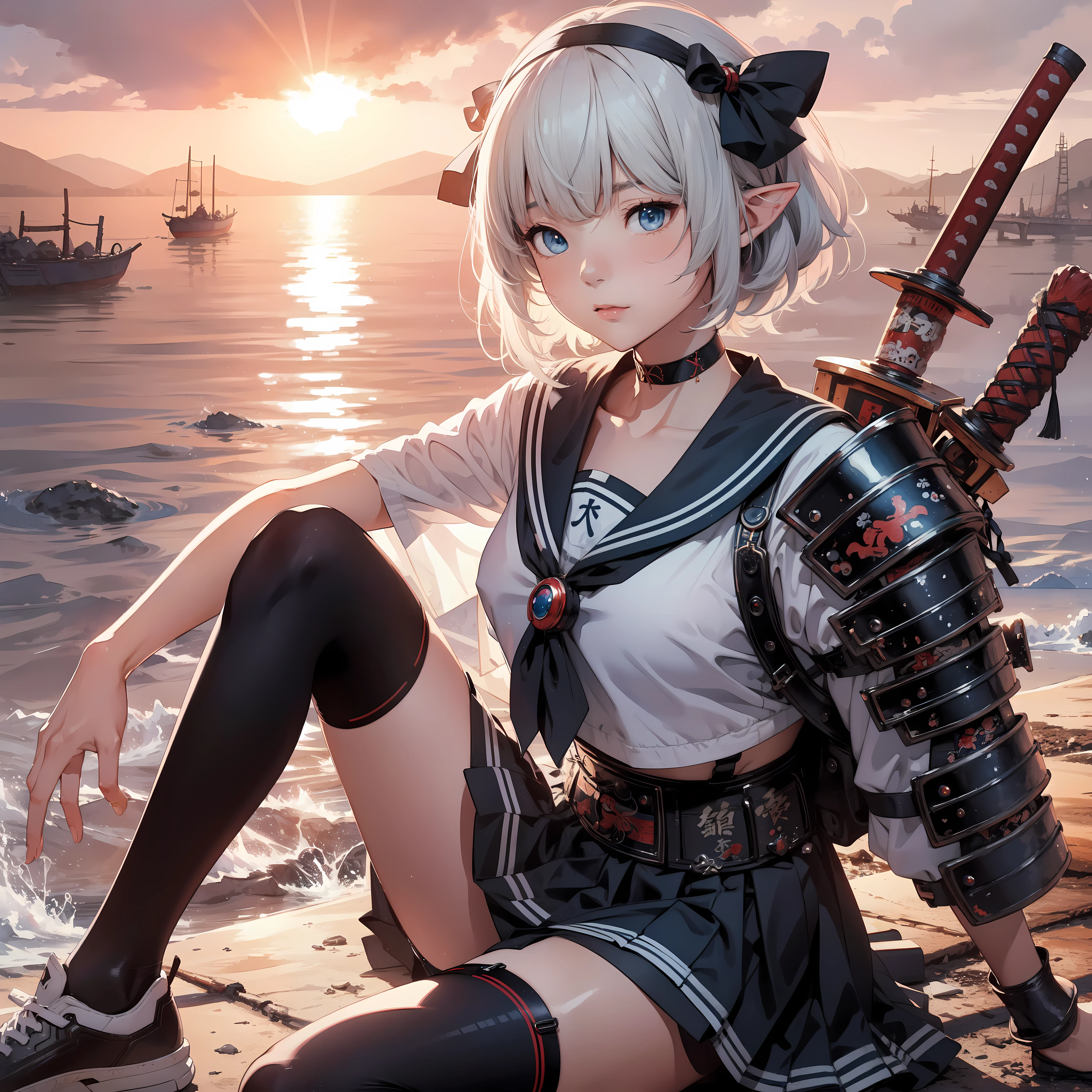 portrait of high school elf girl, asymmetrical bangs, short hair, white hair, blue eyes, sailor dress with (samurai armor:1.4), (garter belt:1.3), (Sneakeranga style by Yoji Shinkawa, Artgerm, Mikimoto Haruhiko. seated on the riverbank, in the style of Katsushika Hokusai. full body, dynamic pose, cell shading, 8k, cinematic dramatic atmosphere, watercolor painting, fluid and sharp focus, Fantasy, Cinematic Lighting.