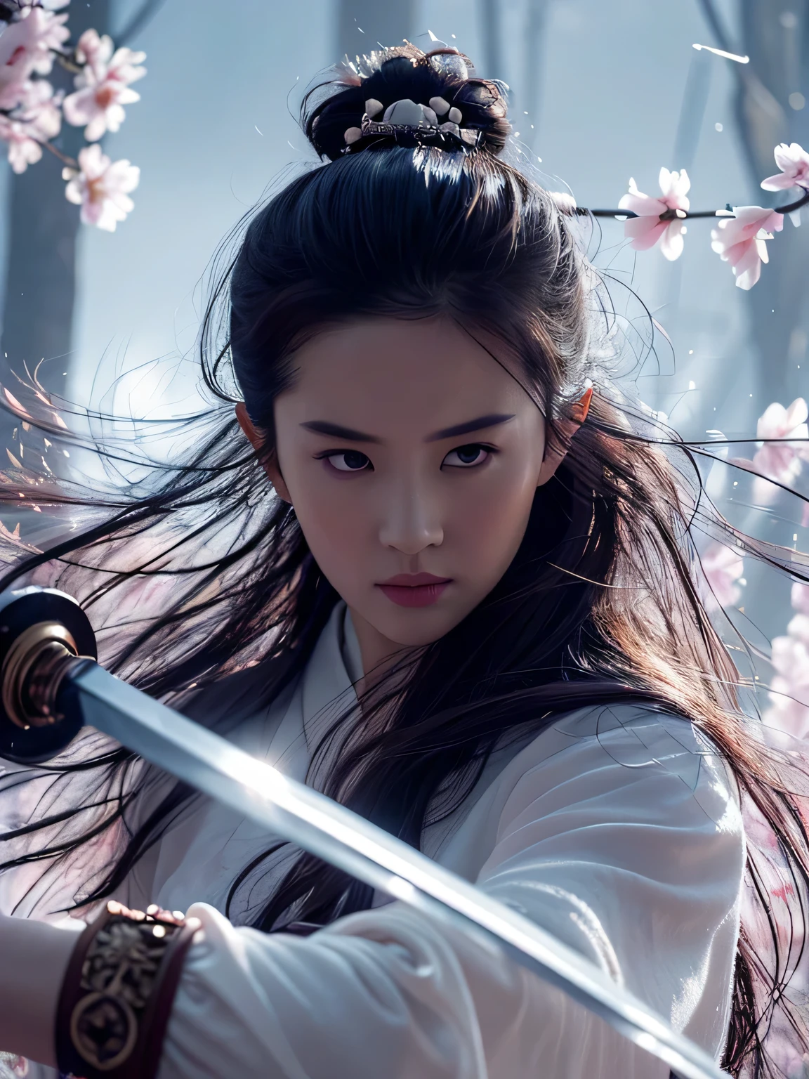 sword樱,Predominant_Body,1 girl,arms,sword,black hair,flower瓣,樱flower,long hair,Chinese clothes,vague,OK,hair accessories,Keep arms,looking at the audience,Keep sword,Keep,long sleeves,facial markings,single OK,flower, Outdoor sports,最OK质量,masterpiece,illustration,extremely delicate and beautiful,CG,unity,8k wallpaper,amazing,fine details,masterpiece,official art,Very detailed CG unity 8k wallpaper,Extremely ridiculous,File size is large,super detailed,high resolution,Very detailed,Beautiful and delicate girl,actual,