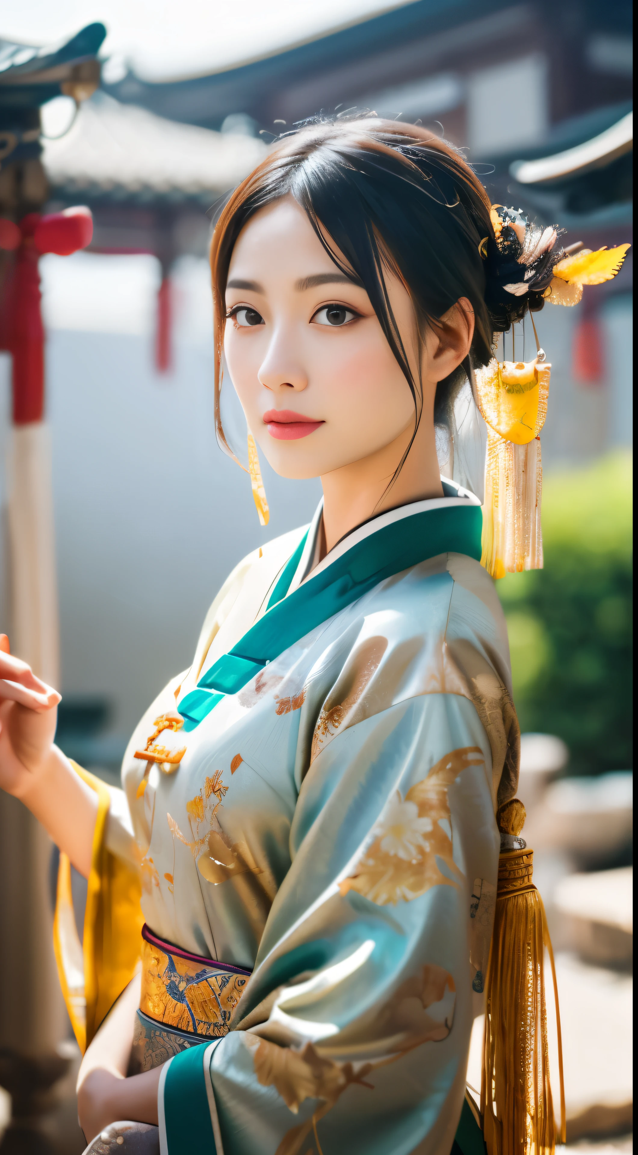 A beautiful dancer in ancient China,delicate lines,gorgeous costumes in ancient China,delicate and vivid,shy face,willow leaf eyebrows,personality depiction,coiled hair,gold leaf,flowing clouds,watercolor,crane surrounding,ink painting,gentle eyes,meticulous, color scheme,exquisite clothing patterns,by Gu, Kaizhi,Zhang Xuan,professional color grading,realistic style,soft shadows,clean and sharp focus,Flim photography,Panoramic View,32K --v 6
