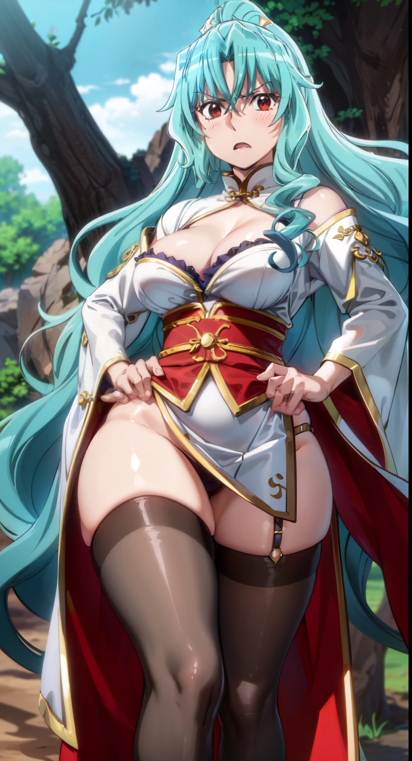 (Masterpiece, High Quality, Top quality, High-Detailed, Detailed CG, Cinematic Shadow, Cinematic Scene, Beautiful Detailed Eyes, Ultra Resolution, Depth of Field), Looking At The Audience, (Blush Expression:1.2), (Angry Expression:1.2), (Erotic Expression:1.0), Red Eye, Blue Hair, Five Fingers, Good Composition, Curvy, (China Dress), (Chinese Clothes), (Bare Legs), (Frilled Skirt), Thicc Thighs, Thick, Large Breasts, Huge Breast