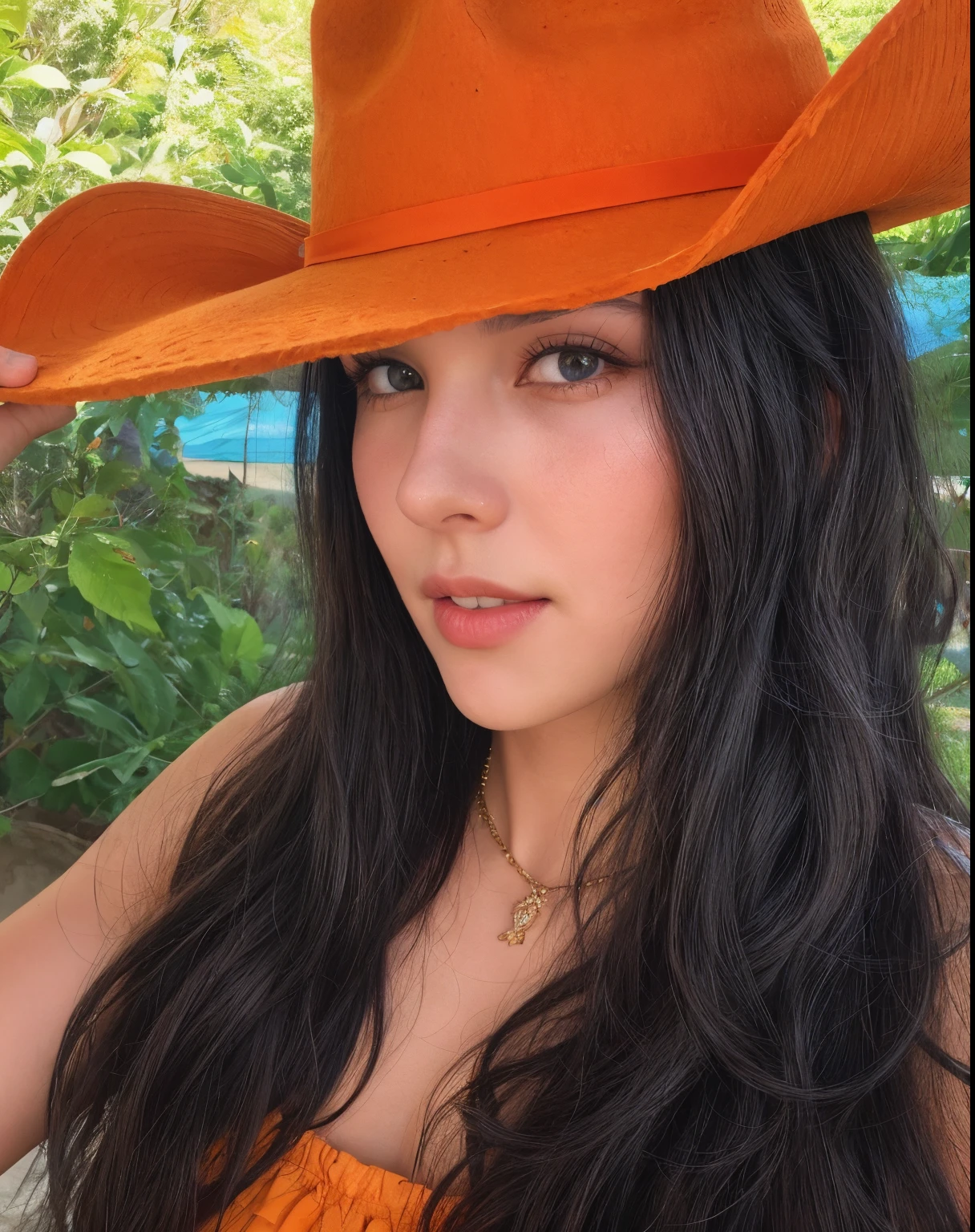 arafa woman wearing orange hat and orange dress, 🐎🍑, olhos laranja brilhantes, vaqueira, wearing a choker and a cute hat, por Juliette Wytsman, orange halo around the head, with hat, justina blakeney, 🤠 usando um 🖥, Kailee Mandel, tons laranja, ela tem longos cabelos castanhos alaranjados, linda bruxa cowboy