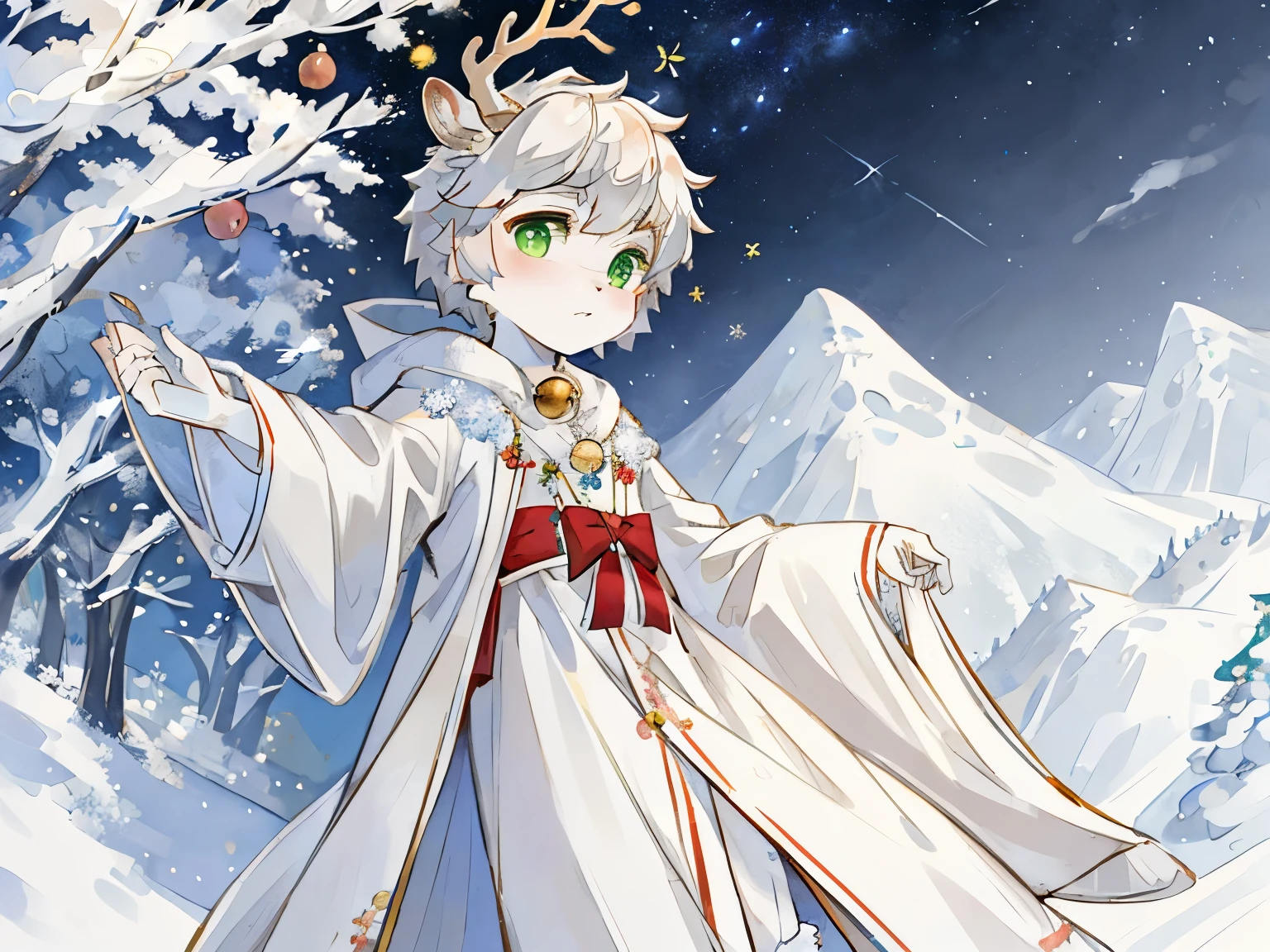 a white deer,A deer antler,Green pupils,Lovely shota,starry sky,mountains,,Snow,blizzard,Falling peach blossoms,white robe,flowing robe,Wear a bell,Christmas deer,Christmas costumes