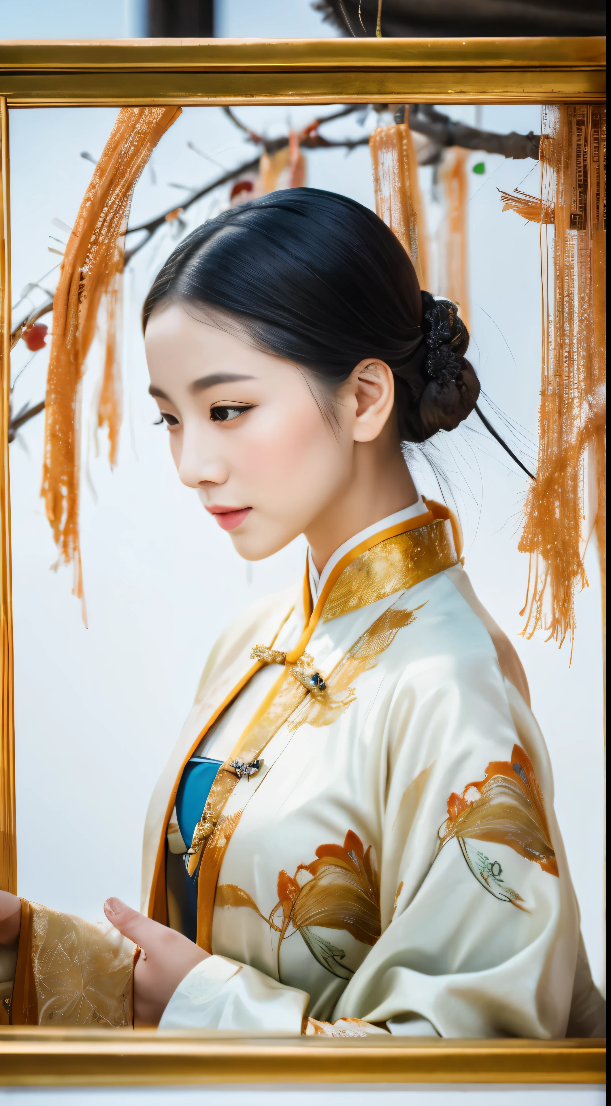 A beautiful dancer in ancient China,delicate lines,gorgeous costumes in ancient China,delicate and vivid,shy face,willow leaf eyebrows,personality depiction,coiled hair,gold leaf,flowing clouds,watercolor,crane surrounding,ink painting,gentle eyes,meticulous, color scheme,exquisite clothing patterns,by Gu, Kaizhi,Zhang Xuan,professional color grading,realistic style,soft shadows,clean and sharp focus,Flim photography,Panoramic View,32K --v 6