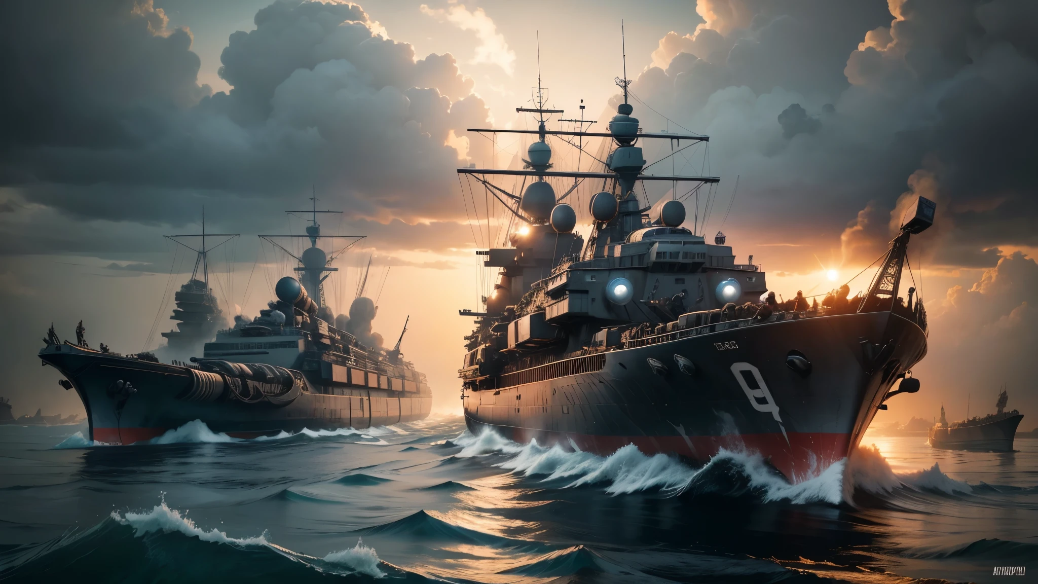 best quality, ultra high resolution,masterpiece, (reality,detail,close up)World War II,evening,In the midst of war,dozens of transport ships,Loaded with soldiers,Prepare to land ashore