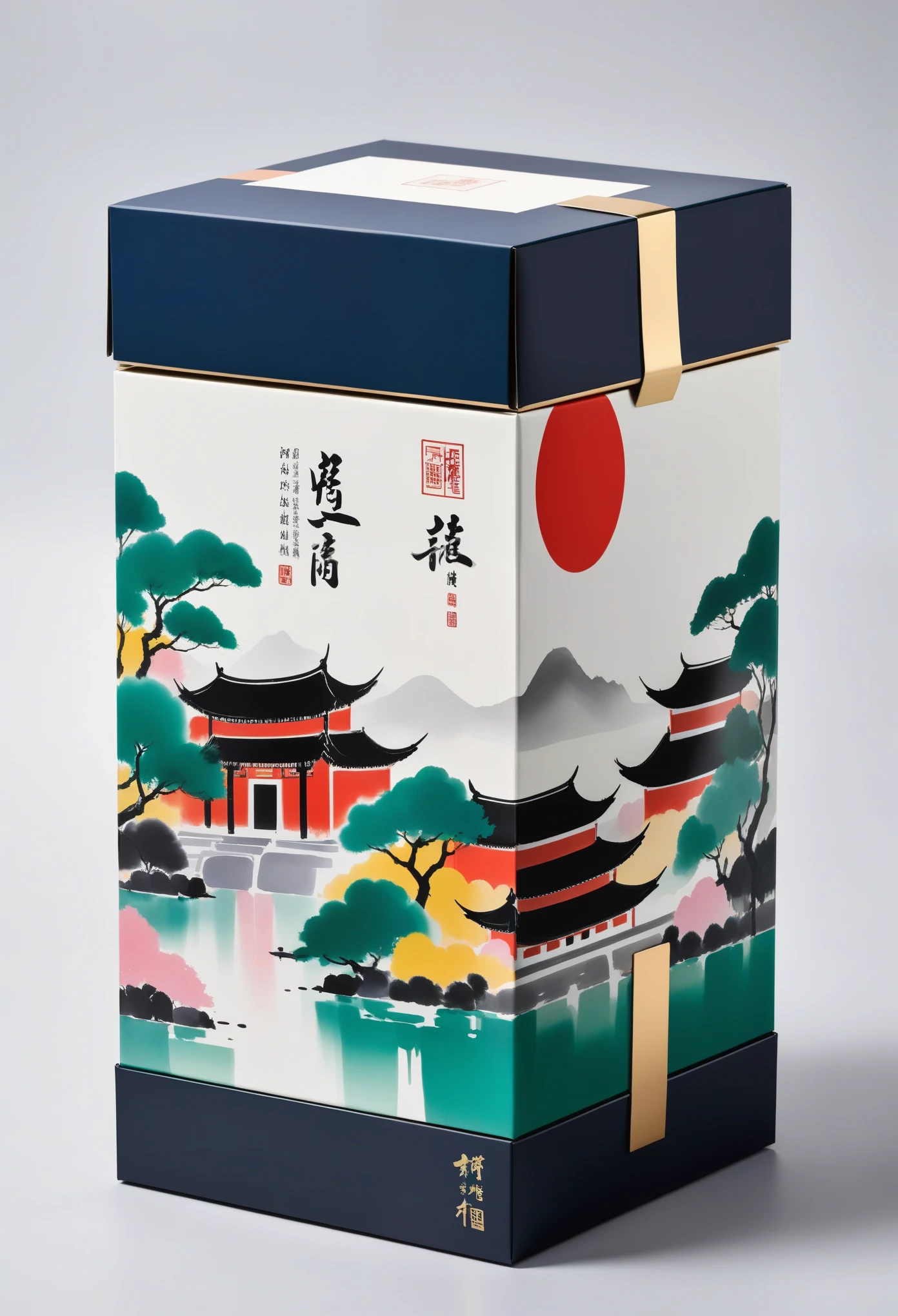 Product packaging design，packaging box，mail order box，printing：Geometric abstract ink，Describe the Jiangnan landscape architectural complex，Wu Guanzhong's style is an artistic expression that merges traditional Chinese ink techniques with Western painting concepts. It is characterized by modern interpretations of traditional themes, creating unique visual effects through color and line.