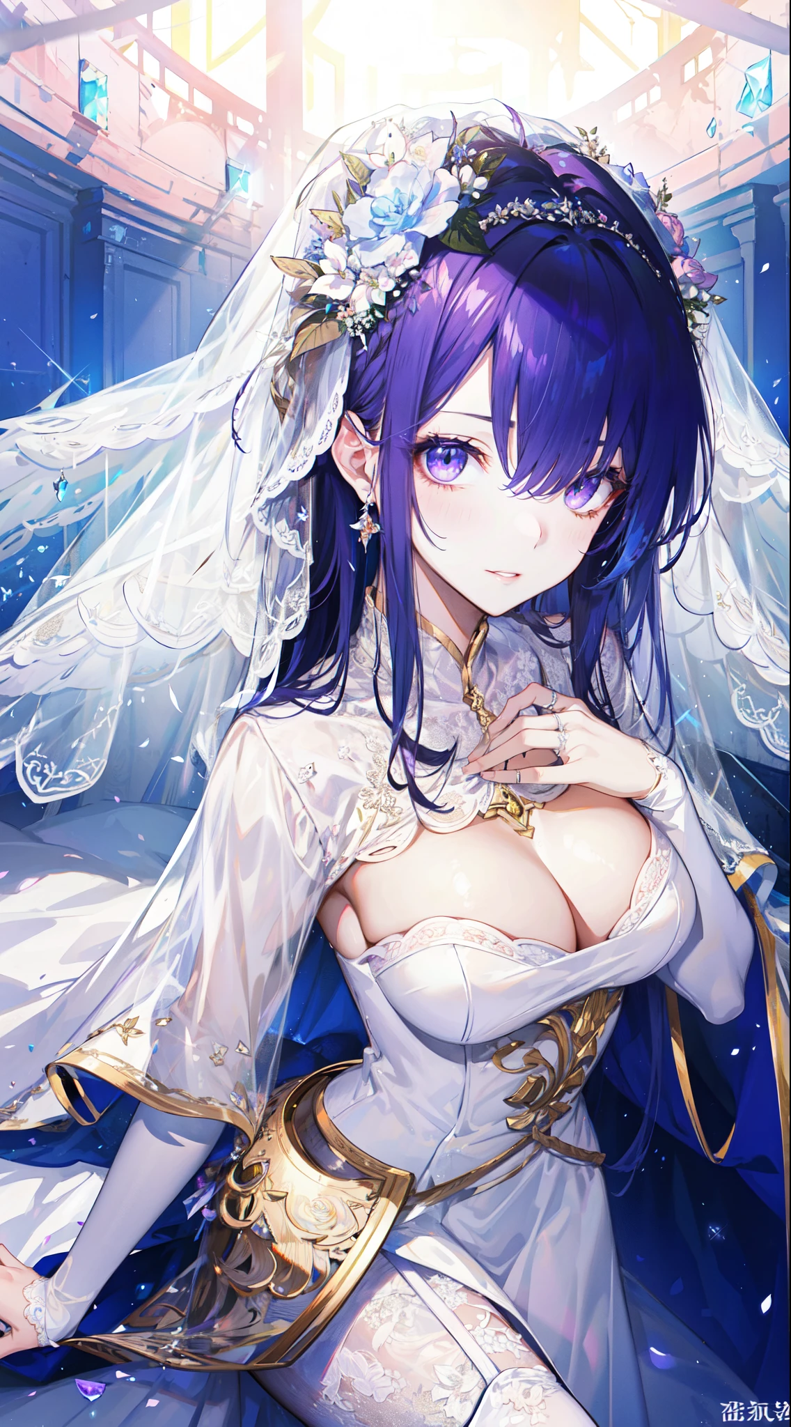 (best quality)+,(on the table)++,(Super detailed)++, Masterpiece Top Quality Super Fine Illustration High Detail Lighting Perfect Lighting, (1 bride:1.3),, First class female body, Perfect body, beautiful breasts, View from the front, from above, delicate luster, Beautiful and delicate eyes, cute face, beautiful lips, a girl surrounded by crystals, purple eyes, beautiful purple hair, Beautiful iridescent eyes, Beautiful long and tousled hair, Sexy brides,Sexy wedding dress, Glow effect lens flare lotion gloss shine holy light background sunlight, White,White尖头高跟鞋, looking at the audience,