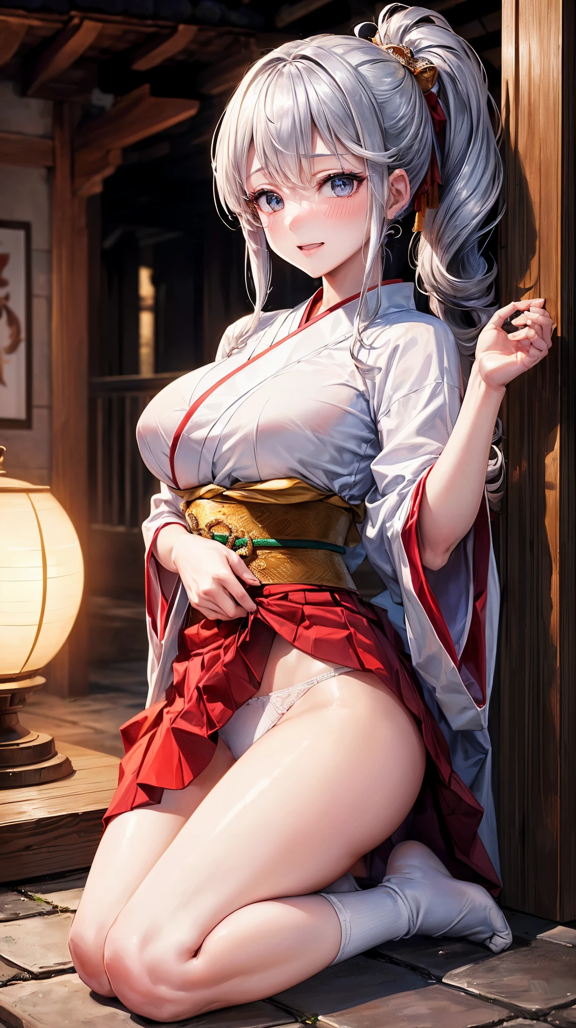 ((highest quality、High resolution、8K、masterpiece:1.3))、dynamic angle、wallpaper、1 girl、unparalleled beauty、ultimate beauty、super detailed face、delicate eyes、smile、sexy look、Depth of the bounds written、light particles、side light、((silver hair、ponytail、shrine maiden、shrine maiden装束、red and white kimono))、(lifting the skirt with both hands)、((expression of ecstasy、Looks embarrassed、inviting sex、sexually seducing、the skirt is turned up、She lifts up her skirt and shows her white panties.))、perfect body、beautiful breasts、tits、thighs、slim、slender