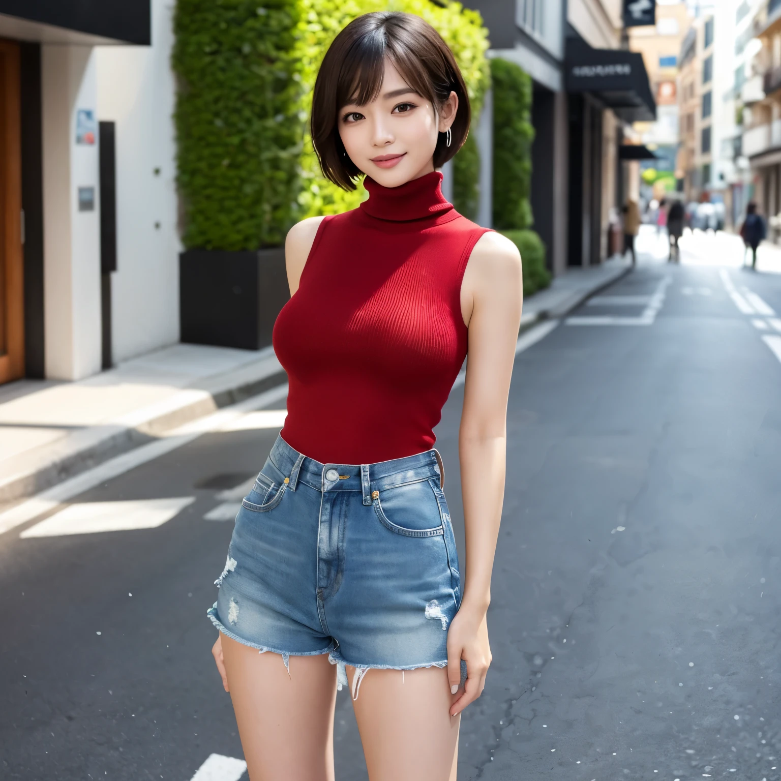 (masterpiece、highest quality、8k、Award-winning work、ultra high resolution)、one beautiful woman、(very short short hair:1.5)、(perfect red sleeveless turtleneck knit:1.3)、(denim shorts:1.1)、(solo:1.1)、(Full body photo:1.2)、(Standing in an elegant model pose:1.1)、(elegant and beautiful high heel boots:1.2)、beautiful feet、(長いbeautiful feet:1.1)、(big breasts:1.1)、(emphasize body line:1.1)、(the biggest smile looking at me:1.1)、(Very bright and refreshing urban street background:1.1)、(Ultra-high-definition beautiful skin that shines extremely brightly:1.5)、(very bright and vivid:1.2)、Beautiful and perfect street trees lined up regularly、(Strong blurred random urban background:1.2)、Beautiful thighs boldly exposed、perfect body line、perfect perfect model style、perfect makeup、accurate anatomy、ultra high definition hair、ultra high resolutionの完璧な美しい歯、Ultra high definition beauty face、ultra high definition hair、Super high-definition sparkling eyes、輝くultra high resolutionの美肌、ultra high resolutionの艶やかな唇、perfect makeup