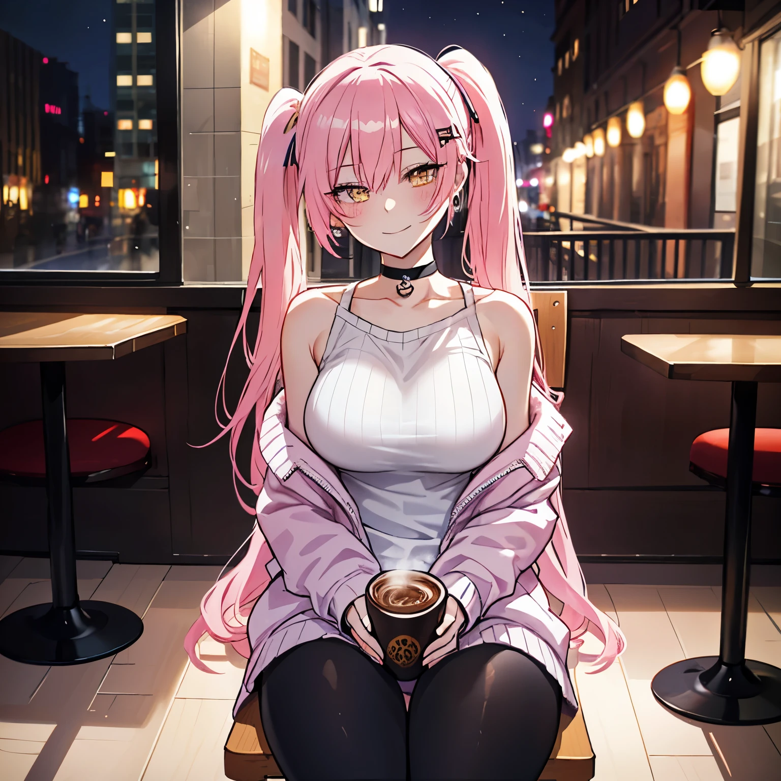 1 girl, yellow eyes, twintails hair, long hair, pink hair, medium breasts, medium ass, smile, Happy, Hairpins, Choker, smile, happy face, city, Night, Earrings, Leggings, light gray sweater with off shoulders, coat pink, Sitting at the table, table, chair, Blurred background, in a cafe, drinking coffee ultra detailed, 8K wallpaper, reflection light, ray tracing, realistic