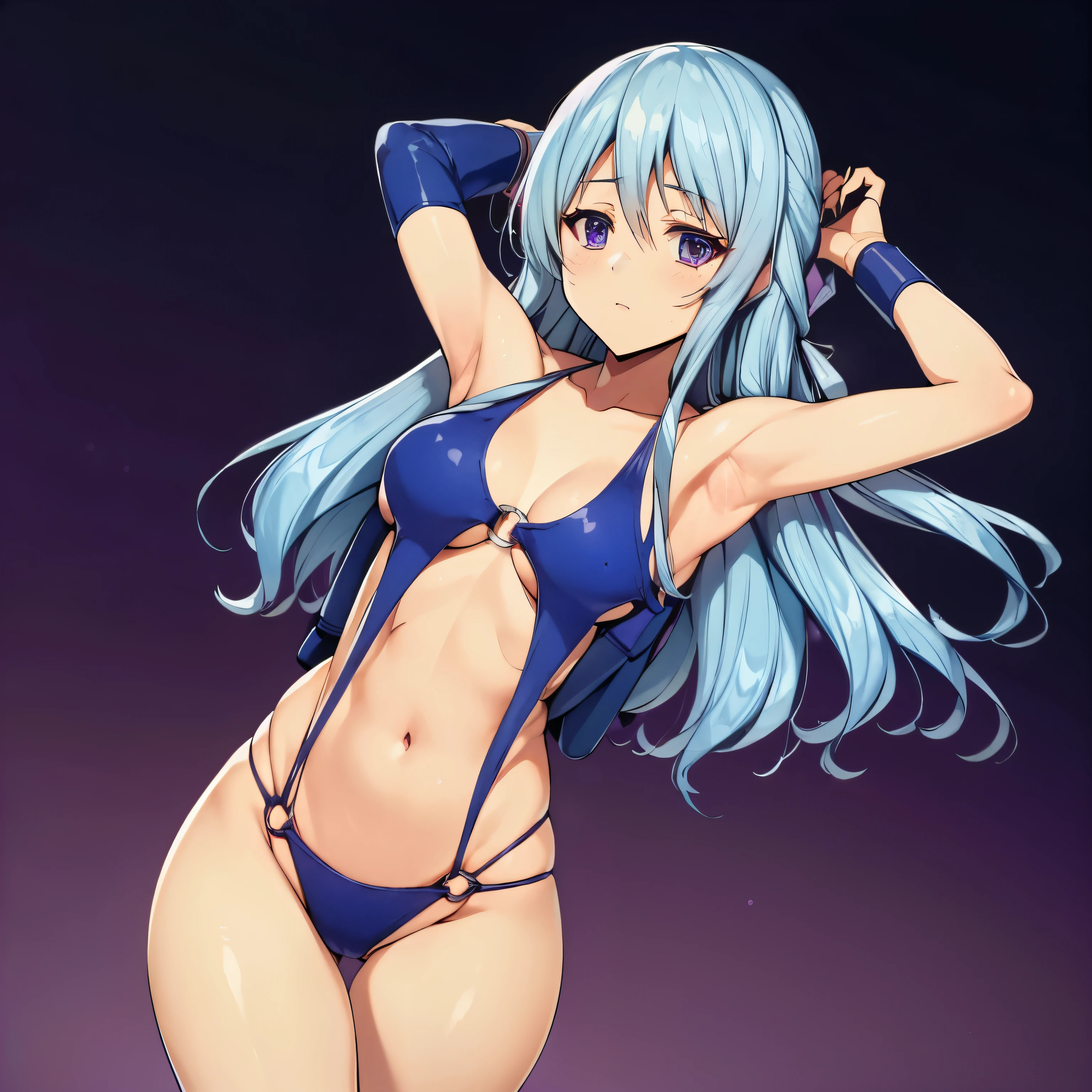 alone, 1 girl, hair accessories, long hair, light blue hair, hair ribbon, purple eyes, Shiina Hiyori, Classroom of the upper classes, medium sized breast, swimming costumeชุดรบอิมพีเรียลการ์ด, Bikini O-ring, V Gundam, swimming costume, nonsense, height, alone, cowboy shoot, 1 girl, Wandering Nibro \(cosplay\), Wristband, earphones, leather holster, backpack, Hold the gun., Aiming, perfect hand, wind, raise your arms, show armpit, armpit