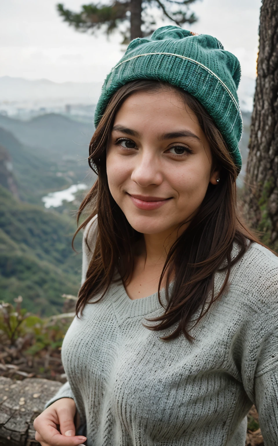 Fotografia, foto de mulher bonita, selfie, tronco, Sozinho, wearing pullover, ao ar livre, (noite), montanhas, natureza da vida real, estrelas, Lua, alegre, feliz, luvas, sweater, gorro, floresta, pedras, rio, Madeira, smoke, fog, olhando para o espectador, textura da pele, photo grain, fechar-se, Foto CRU, corpo inteiro