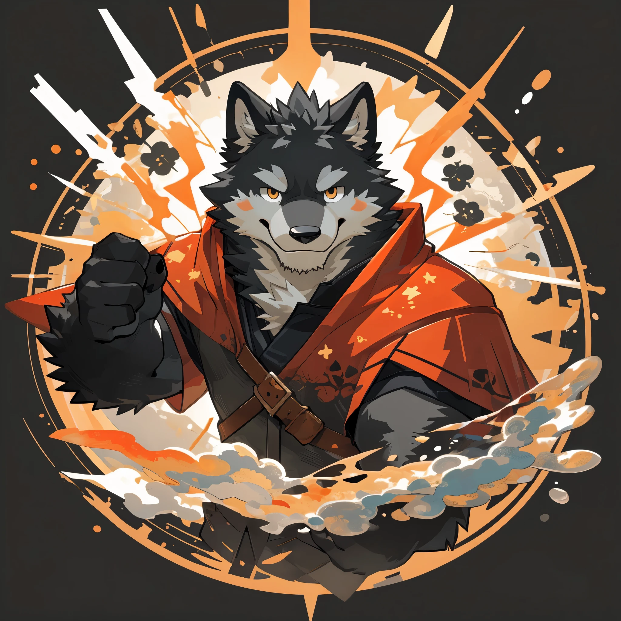 Scribble wolf face, ((cute)), anthro(wolf), (gray-black fur:1.5), white beard, (knight costume, long red cherry cloak), generous smile, (dynamic pose:1.6), simple background, printmaking style, by takemoto arashi, by kamyuel, by milkytiger1145, by 96panda, Colorful logo, Minimalist head vector art logo illustration, front, magical, Sharp design, Soft, Monochrome color, Dark magical colorful splash paint, (vector art:1.3), Adobe Illustrator, simple captivating logo ,sophistication and tranquility, sleek and stylish, ((Simemeter))