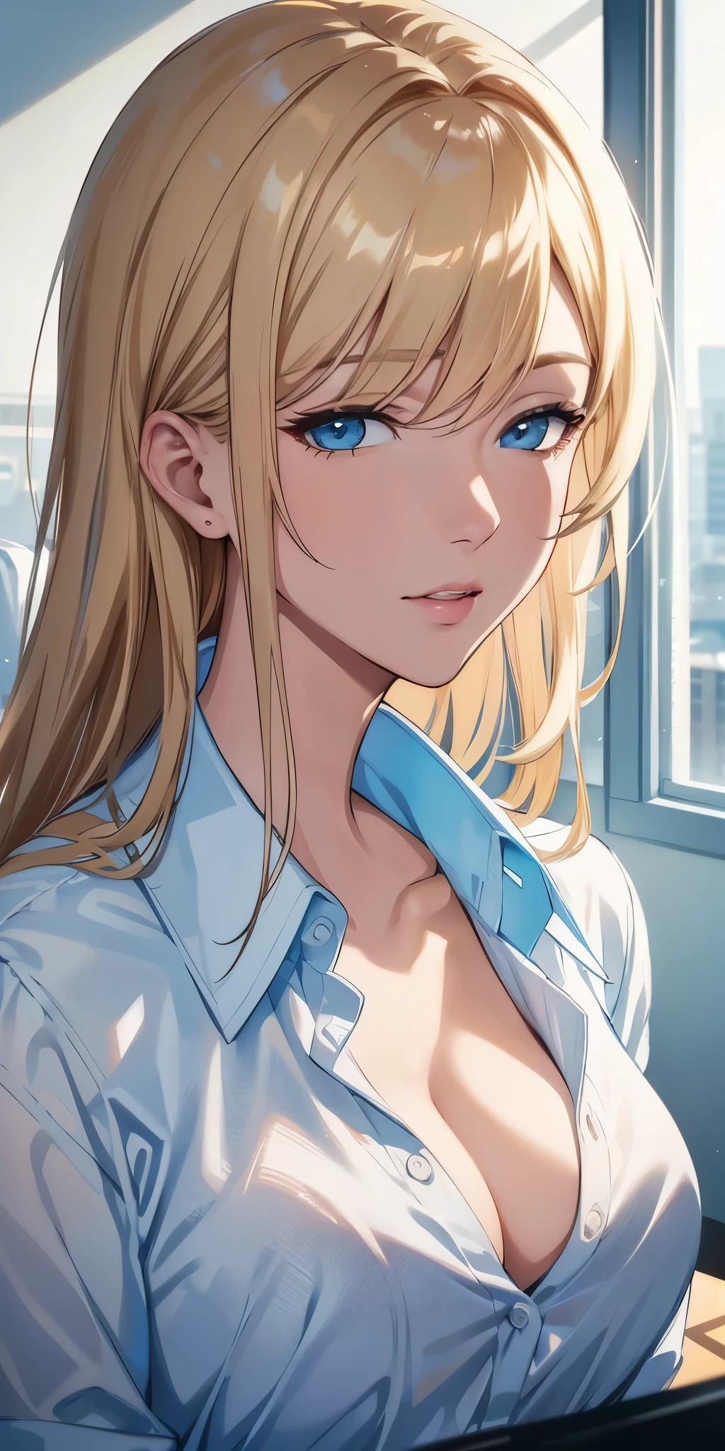 Best quality, 4k resolution, portrait, elegant boss lady, long straight hair, swept-side bang, [[brown hair]], blonde hair, light blue eyes, office shirt, cleavage, office window, soft light