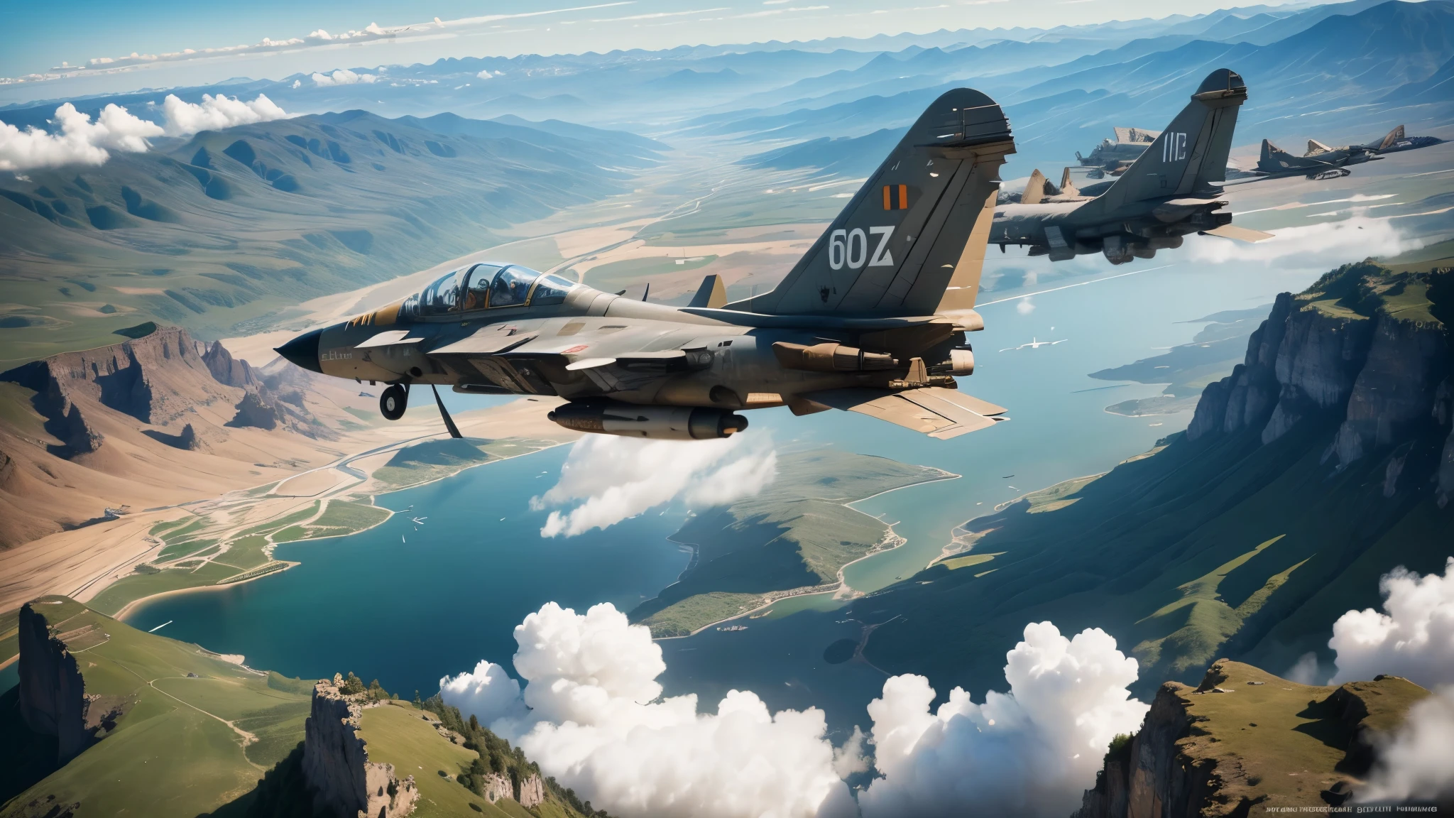 best quality, ultra high resolution,masterpiece, (reality,detail,close up)World War II,five fighter jets,across the valley,flying at low altitude
