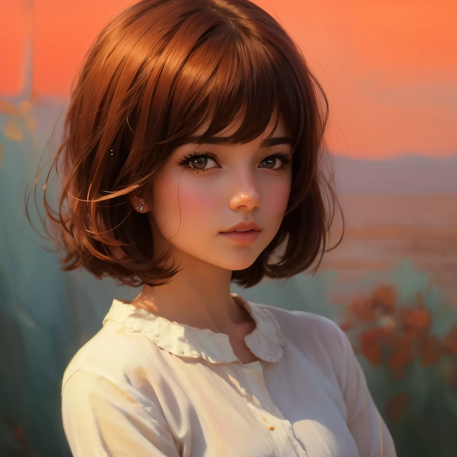um close de uma mulher com cabelo ruivo e camisa branca, pintura realista de linda garota, 🤤 retrato de , lindo retrato de anime, estilo de realismo de anime, estilo de Ilya Kuvshinov, Paisagem de Ilya Kuvshinov, linda pintura de personagem, cute anime retrato de , retrato anime , Retrato realista kawaii, estilo de arte anime realista, retrato fofo