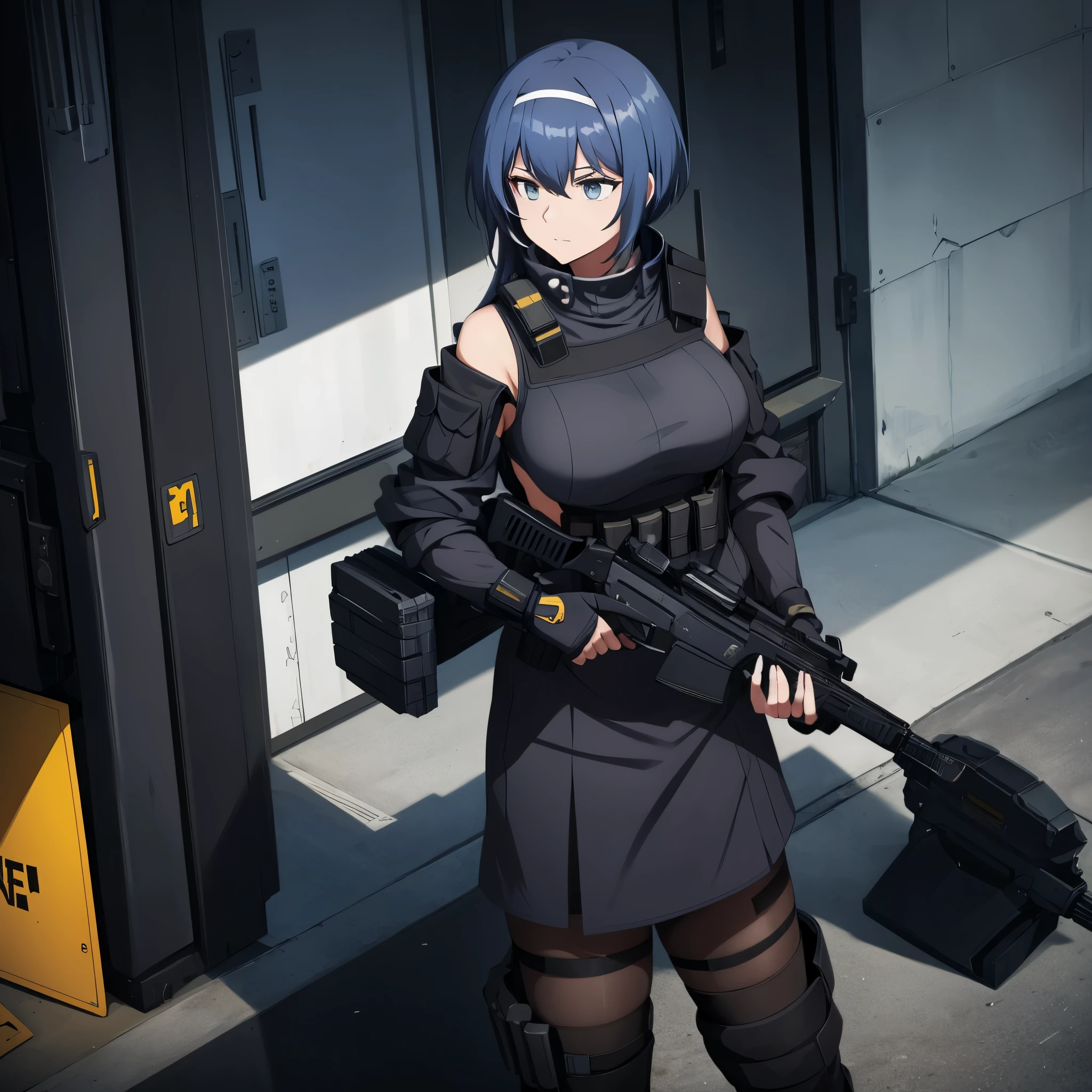 A woman wearing a black SWAT uniform, with protective equipment on her body in an open place, dark blue hair, large breasts, wearing a mask, holding a large metal shield
