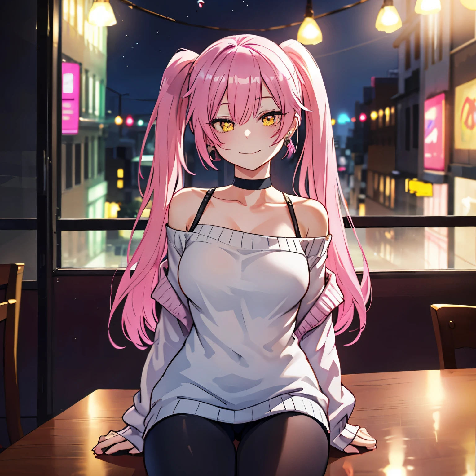 1 girl, yellow eyes, twintails hair, long hair, pink hair, medium breasts, medium ass, smile, Happy, Hairpins, Choker, smile, happy face, city, Night, Earrings, Leggings, light gray sweater with off shoulders, coat pink, Sitting at the table, table, chair, Blurred background, in a cafe, drinking coffee ultra detailed, 8K wallpaper, reflection light, ray tracing, realistic