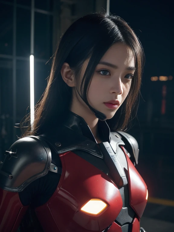 (Fight against mechanical robot soldiers)、top quality、Masterpiece、ultra high resolution、(sexy pose),(Wearing a futuristic visor)、(Realism:1.4)、original photo、1 girl、black hair、shiny skin、((1 Mechanical Girl))、((Super realistic details))、Potrat、(small led light)、Full body luminous cable tube、(Have the most advanced weapons),global illumination、shadow、octane rendering、8k、armpit、Super sharp、huge 、small led light、Bare raw skin at cleavage、Metal、blood vessels connected to tubes、Weapon、Red tights、armpit、Cyberpunk city background、Intricate jewelry details、Japan details、Highly intricate details、realistic light、CG social trends、blue eyes、radiant eyes、face camera、Neon details、(Helmet of the Brave)、mechanical limbs、Blood vessels connect to tubes mechanically attached to the vertebrae in the back、Mechanical cervical spine immobilizer、Wires and cables connected to the head、Gundam、small led light、Tustock、Tustock、Futuristic machine gun、Knives、