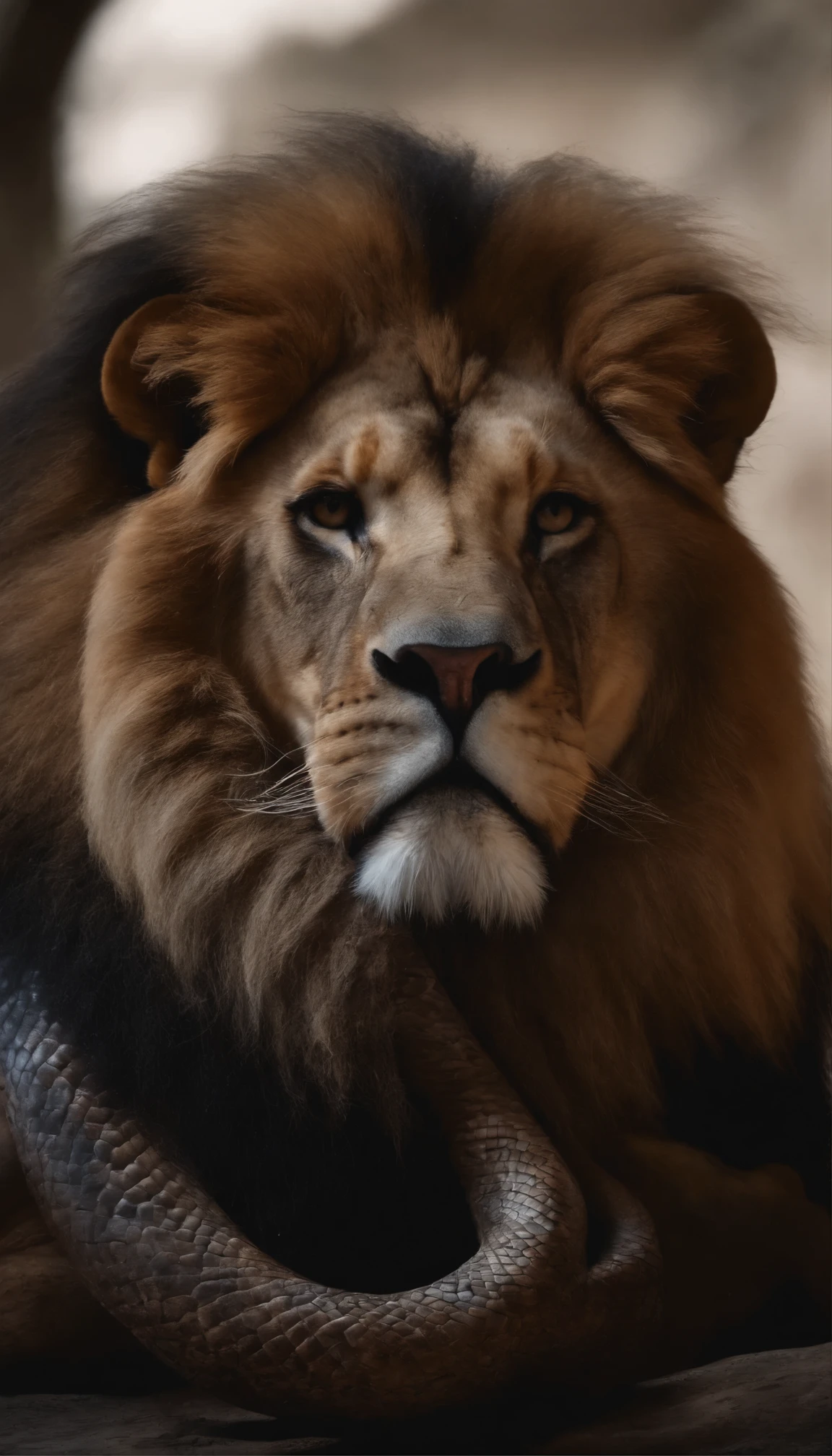 Animal with the body of a lion and three snake heads 