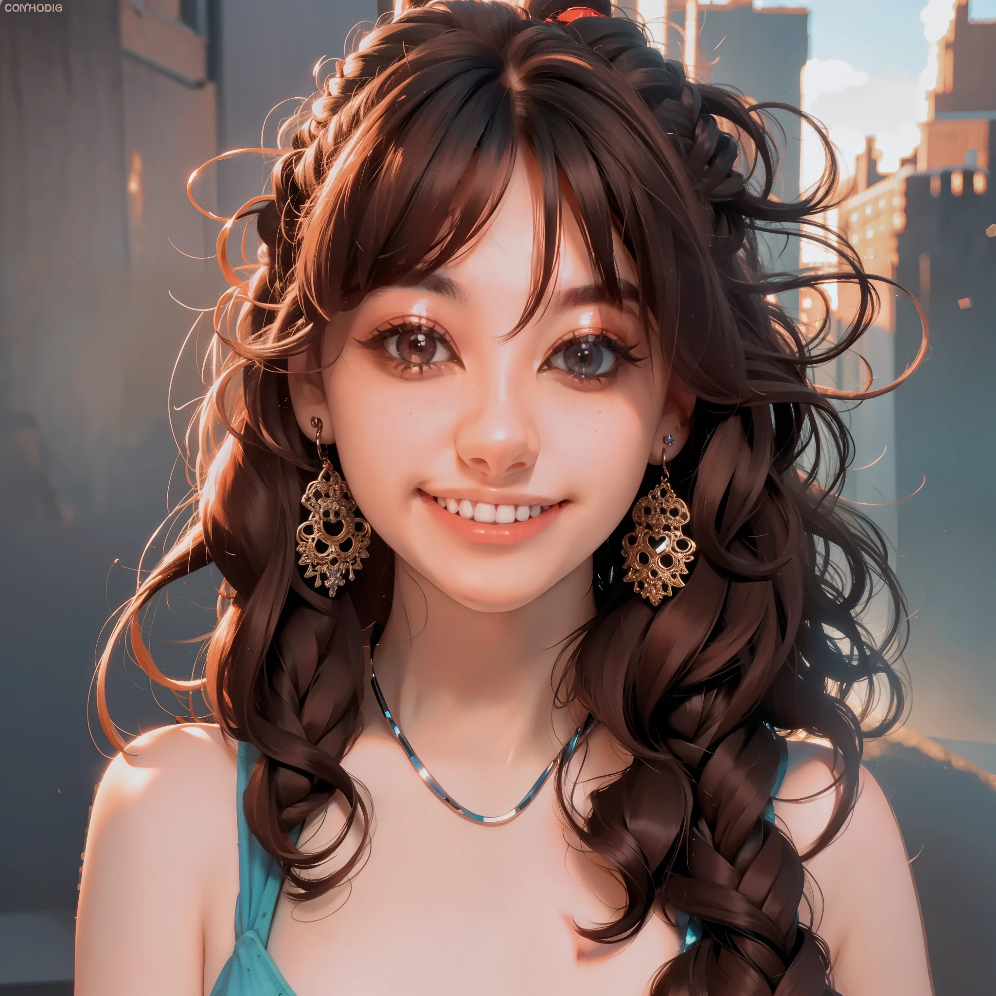 UHD,8K,Hyperrealism,light brown hair,happy tears,red eyes,crystal earrings,smile,cowboy shot,sony FE