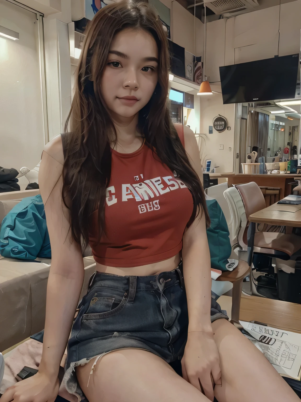 there is a woman sitting at a table with a purse on it, a picture by Dan Content, tumblr, tachisme, 19-year-old girl, young and cute girl, very height quality, good young girl, dang my linh, trending at cgstation, 2263539546], photo of slim girl, straight hair