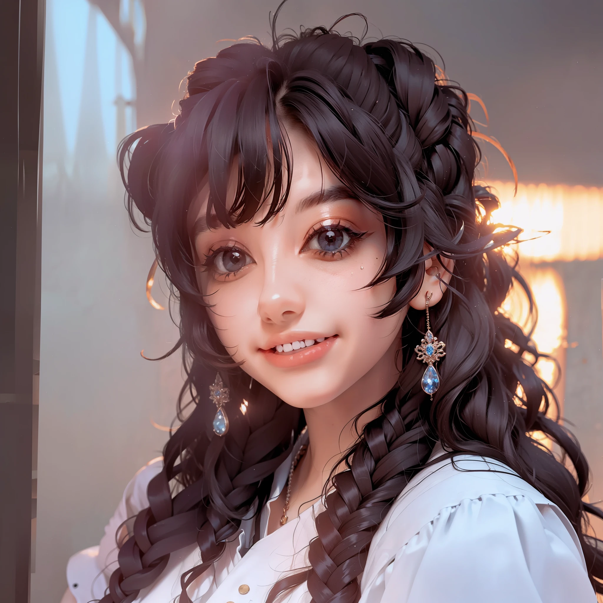 UHD,8K,Hyperrealism,light brown hair,happy tears,red eyes,crystal earrings,smile,cowboy shot,sony FE