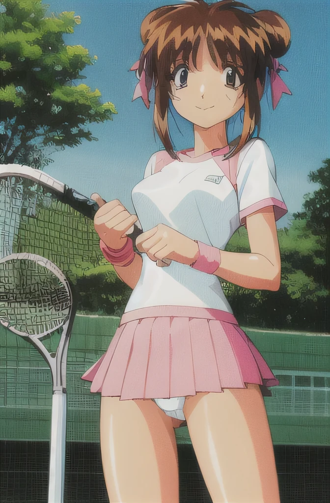 look, 1 girl, alone, tennis uniform, hair ribbon, pink wristband, mini skirt, pleated skirt, pink skirt,skirt up skit ,white panties,retro artstyle, 1990s (style), chain link fence, smile, outdoors, Are standing, 視聴者をlookいる, closed mouth 