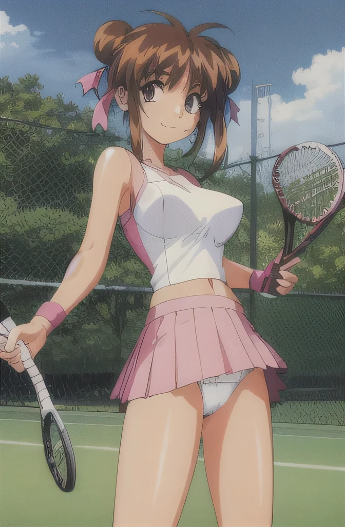 look, 1 girl, alone, tennis uniform, hair ribbon, pink wristband, mini skirt, pleated skirt, pink skirt,skirt up skit ,white panties,retro artstyle, 1990s (style), chain link fence, smile, outdoors, Are standing, 視聴者をlookいる, closed mouth 