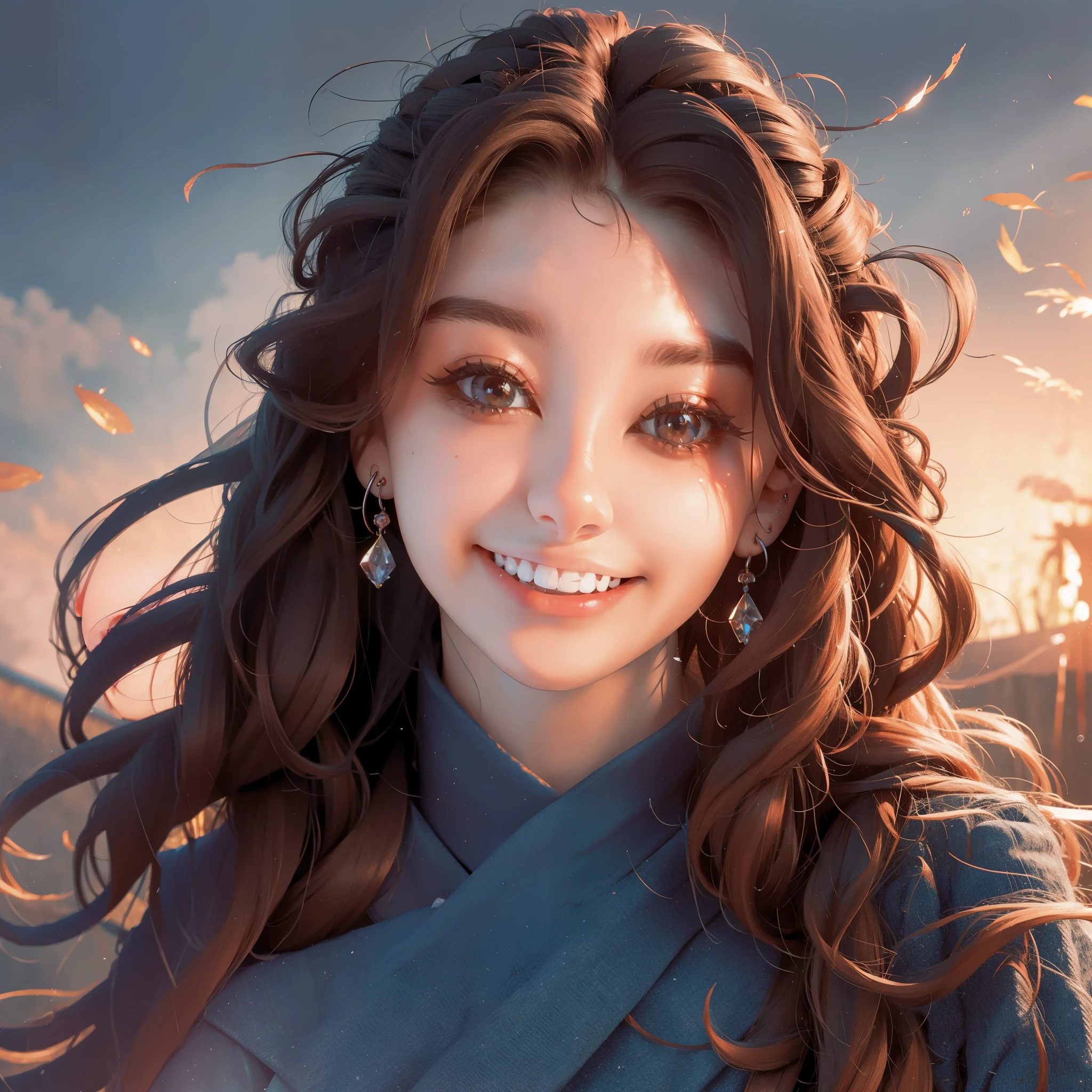 UHD,8K,Hyperrealism,light brown hair,happy tears,red eyes,crystal earrings,smile,cowboy shot,sony FE