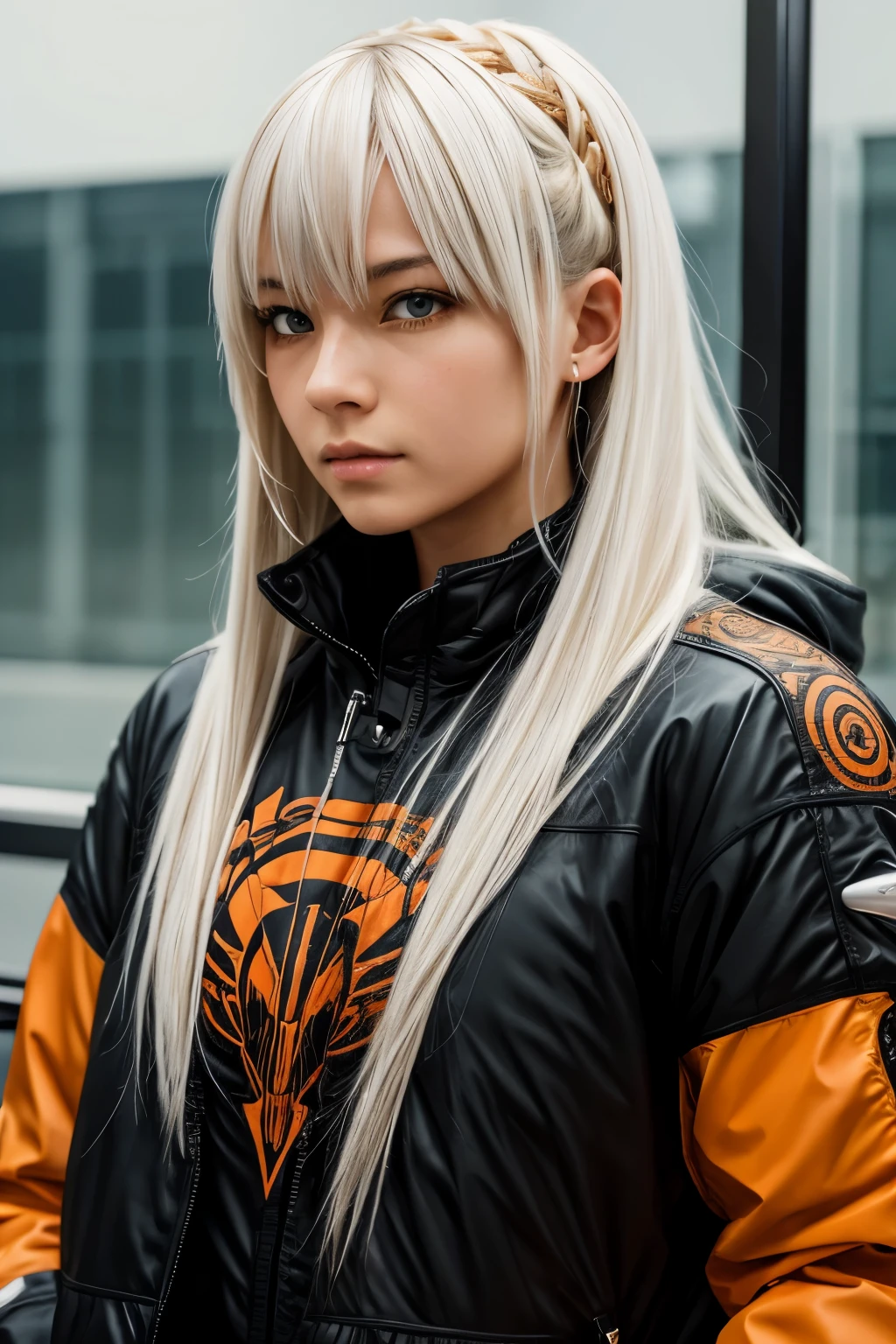 style of Tsutomu Nihei,(incredibly absurdres, (high resolution:1.18), intricate detail, (masterpiece:1.1), (highest quality:1.1), absurdres),(1girl, portrait, white hair, orange eyes, long hair, detailed eyes),