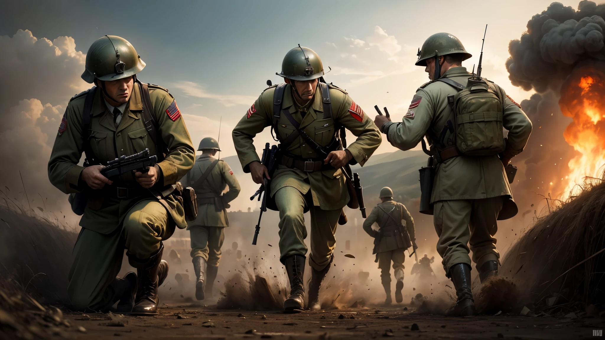Soldiers sprint desperately, Frightened Japanese soldiers fleeing from the enemy with a shriek of mist in the night of swamp trees, a haunting tableau of men racing against nature's ancient predators..cinematic, photorealism, ultra detailed, hyperrealist, 8k