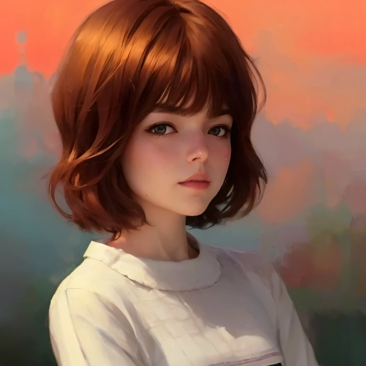um close de uma mulher com cabelo ruivo e camisa branca, pintura realista de linda garota, 🤤 retrato de , lindo retrato de anime, estilo de realismo de anime, estilo de Ilya Kuvshinov, Paisagem de Ilya Kuvshinov, linda pintura de personagem, cute anime retrato de , retrato anime , Retrato realista kawaii, estilo de arte anime realista, retrato fofo