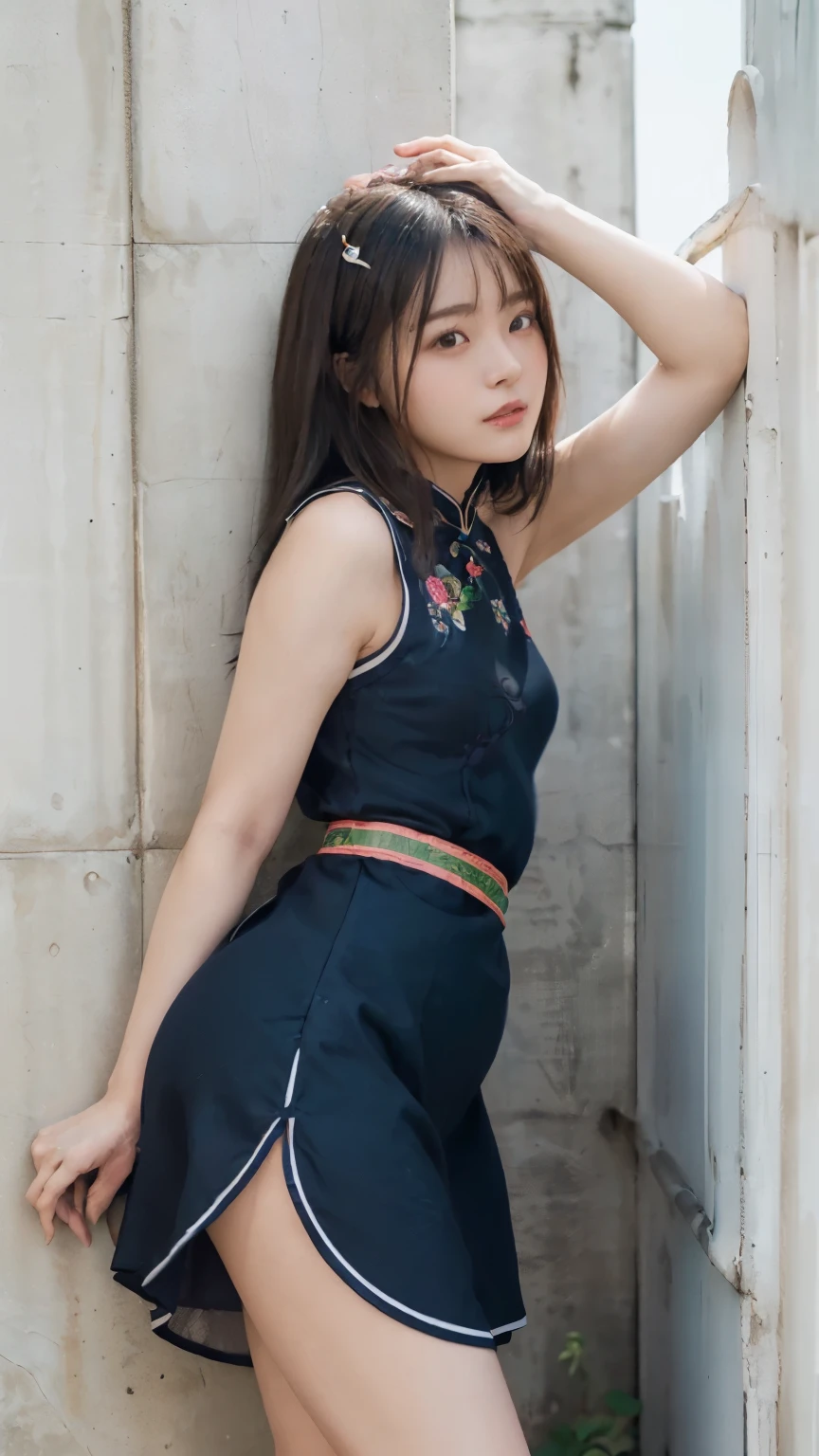 highest quality,super detailed,masterpiece,realistic,Photoreal,bright lighting,1 girl, very beautiful 16 year old girl, (cute:1.3),faint smile, (brown eyes),(of black hair),(bangs),perfect shiny skin,perfect skin,((erotic,sexy and sexually explicit)), (lean forward and lean against the wall:1.4、Bending the hips:1.3、stick out butt:1.5), (medium breasts), (Thin and curvy waist), from behind、looking at the camera, (whole body、from head to foot:1.8)、(light greenの:1.8、below knee length:1.8、sleeveless:1.5、China dress:1.5、Embroidered in primary colors:1.5、Slit from the waist:1.5)、(Black T-back:1.3、black cheongsam shoes)、(semi-long、straight hair:1.5)、(fair skin、small face、thin arms and legs)、((A park garden with beautiful flowers))、(Smooth hair waving、The wind blows up my hem and I can see my butt.)、