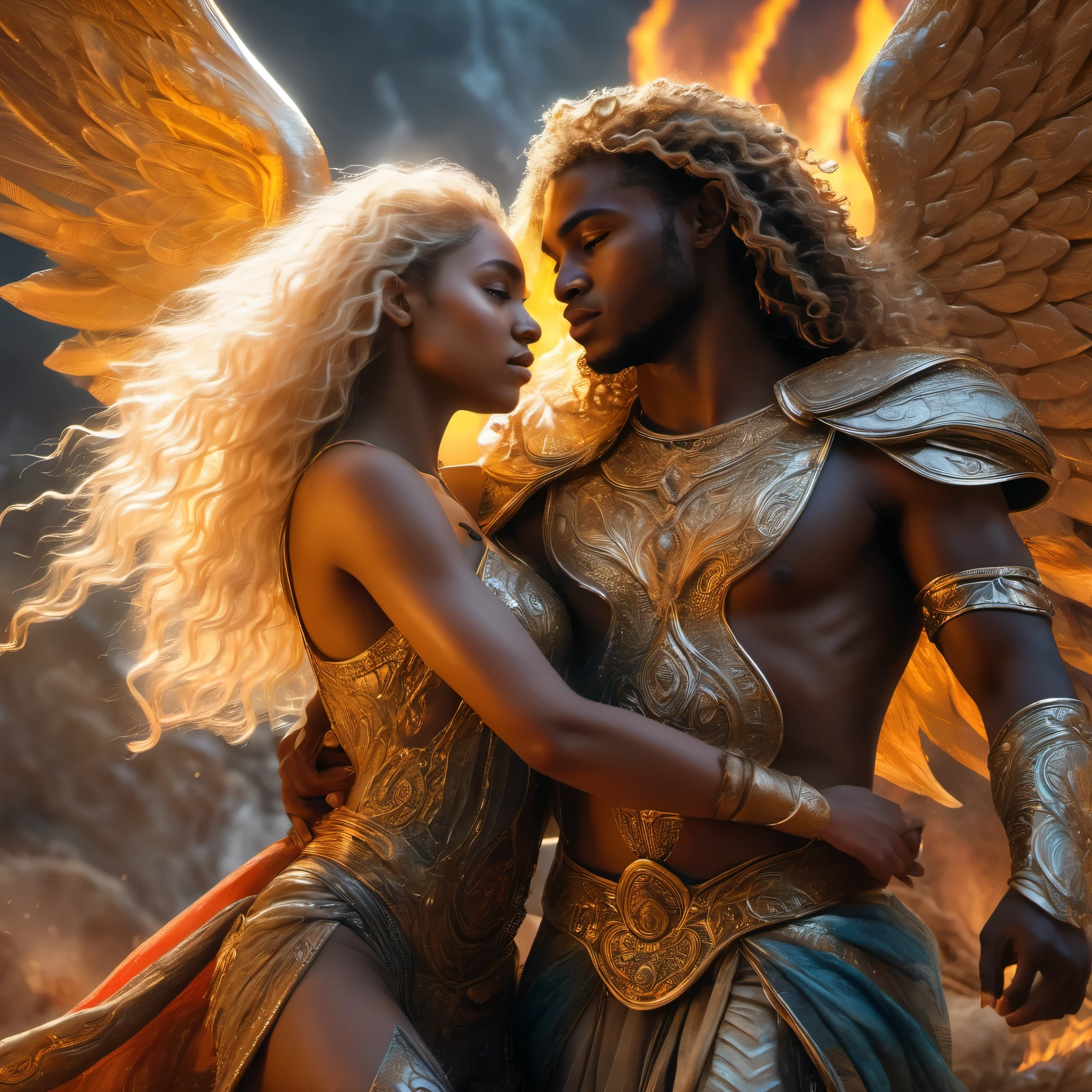 Mighty male angel brown skin complexion with lightning emitting from his being protecting female angels from harm