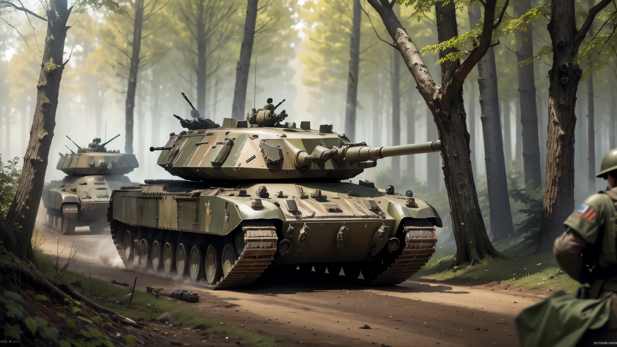 best quality, ultra high resolution,masterpiece, (reality,detail,close up)World War II,In the foreground are dozens of armored vehicles,A group of soldiers follow in the background,walking through the trees,