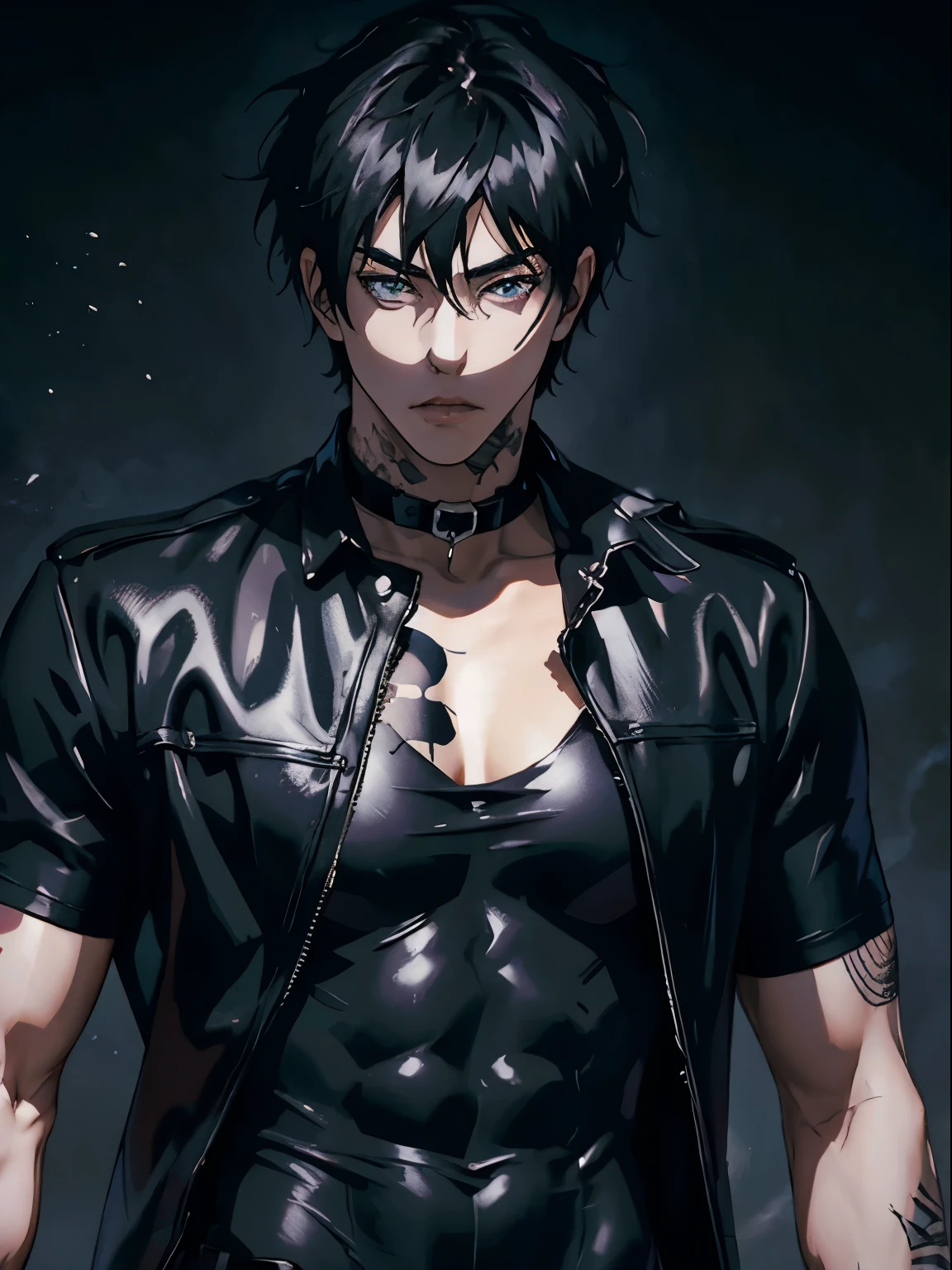 Anime Sexy Man, Guy with dark hair, Black T-shirt, Tattoos, hearts, leather collar on the neck