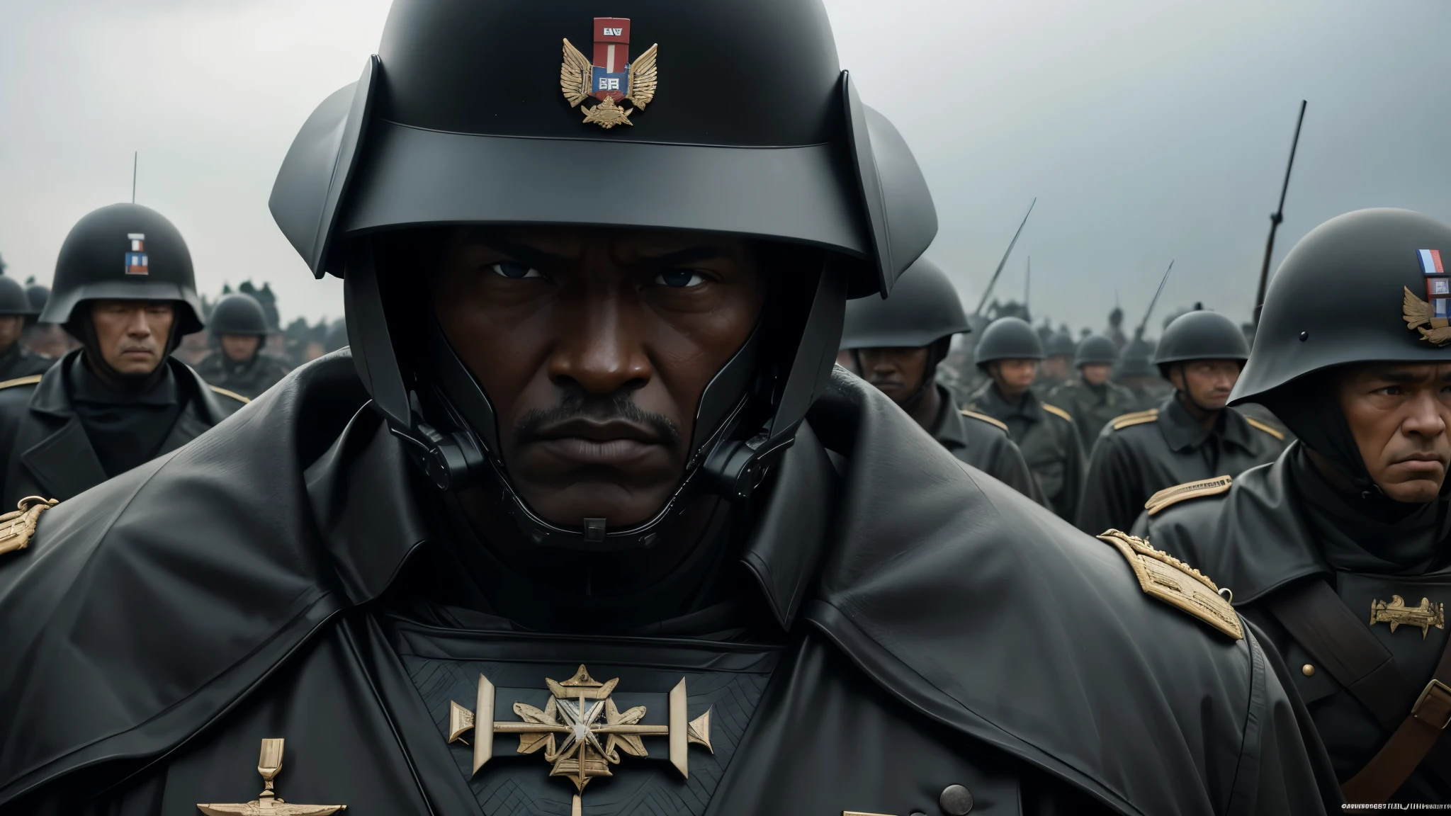 best quality, ultra high resolution,masterpiece, (reality,detail,close up)World War II,President of the country,by a group of black-clad soldiers,Take away the