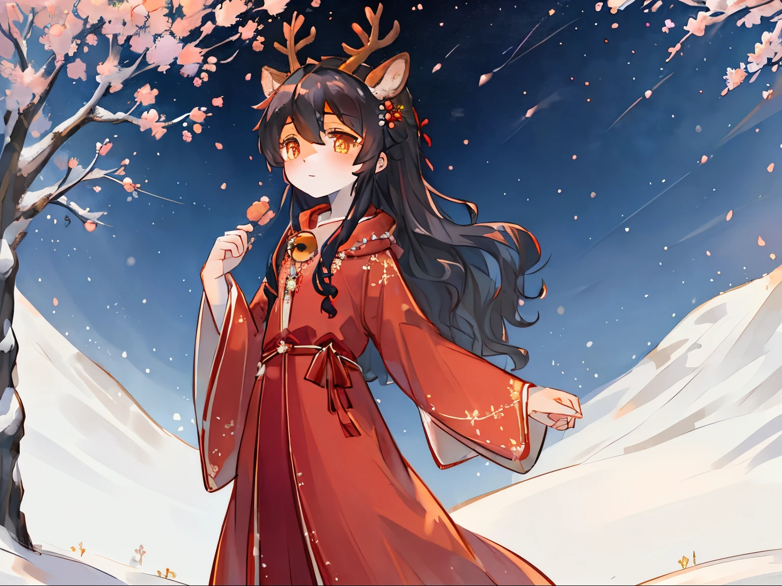 A black-haired wavy,Orange pupils,Lovely shota,starry sky,mountains,Snow,blizzard,Falling peach blossoms,orange-red robe,flowing robe,Wear a bell,Christmas deer,Christmas costumes,Holding plum blossom branch
