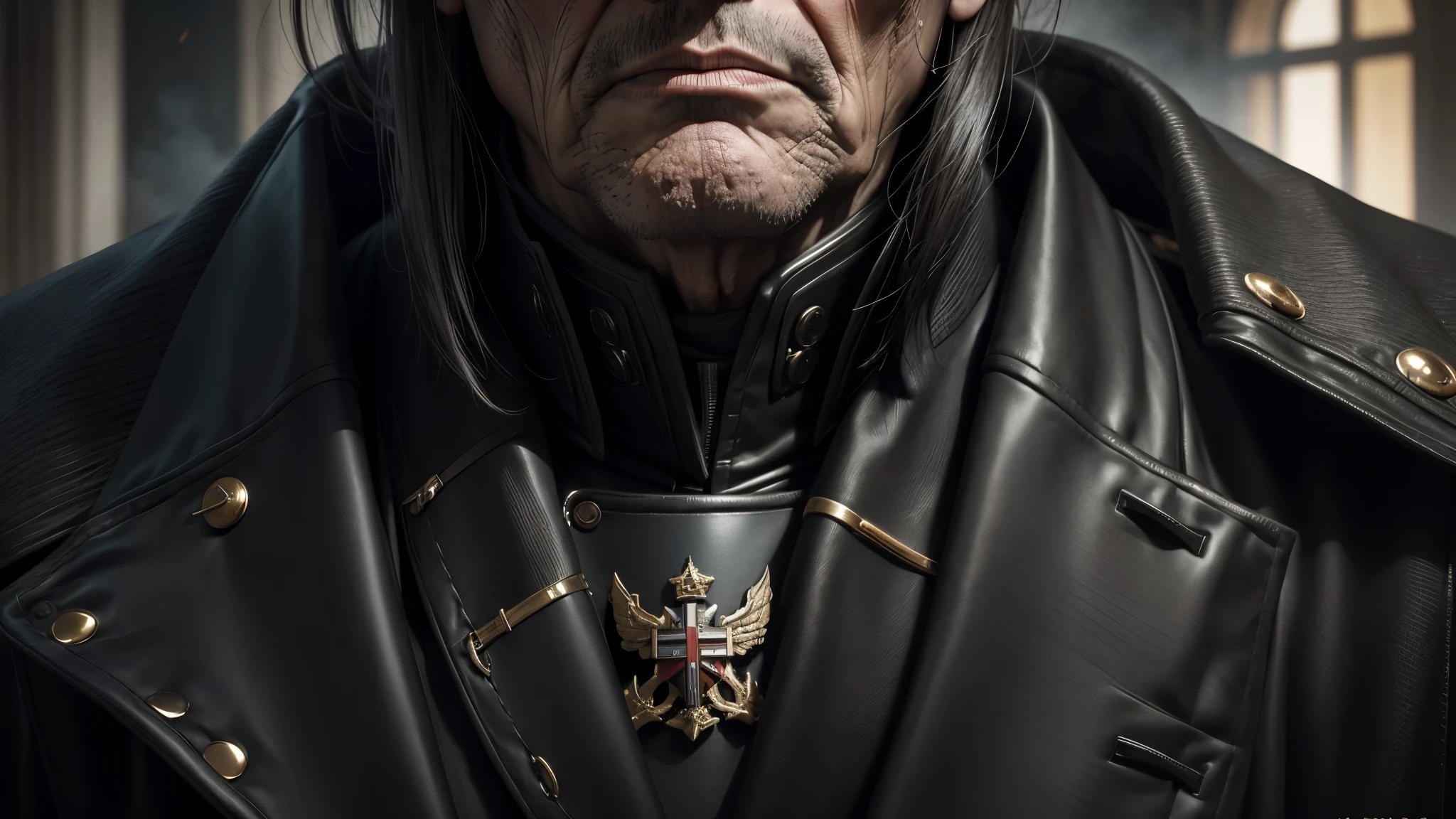 best quality, ultra high resolution,masterpiece, (reality,detail,close up)World War II,General in black coat,Treacherous expression,arrogant