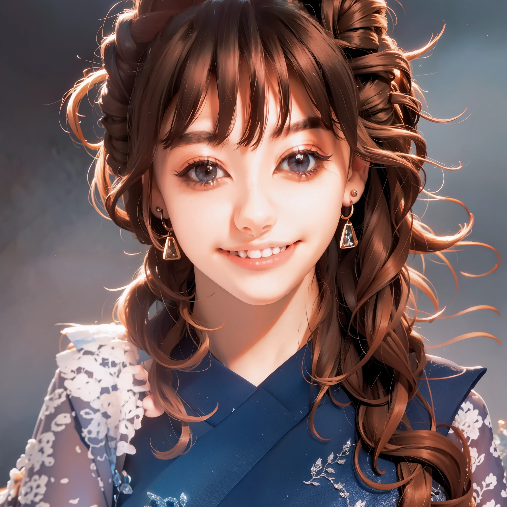UHD,8K,Hyperrealism,light brown hair,happy tears,red eyes,crystal earrings,smile,cowboy shot,sony FE