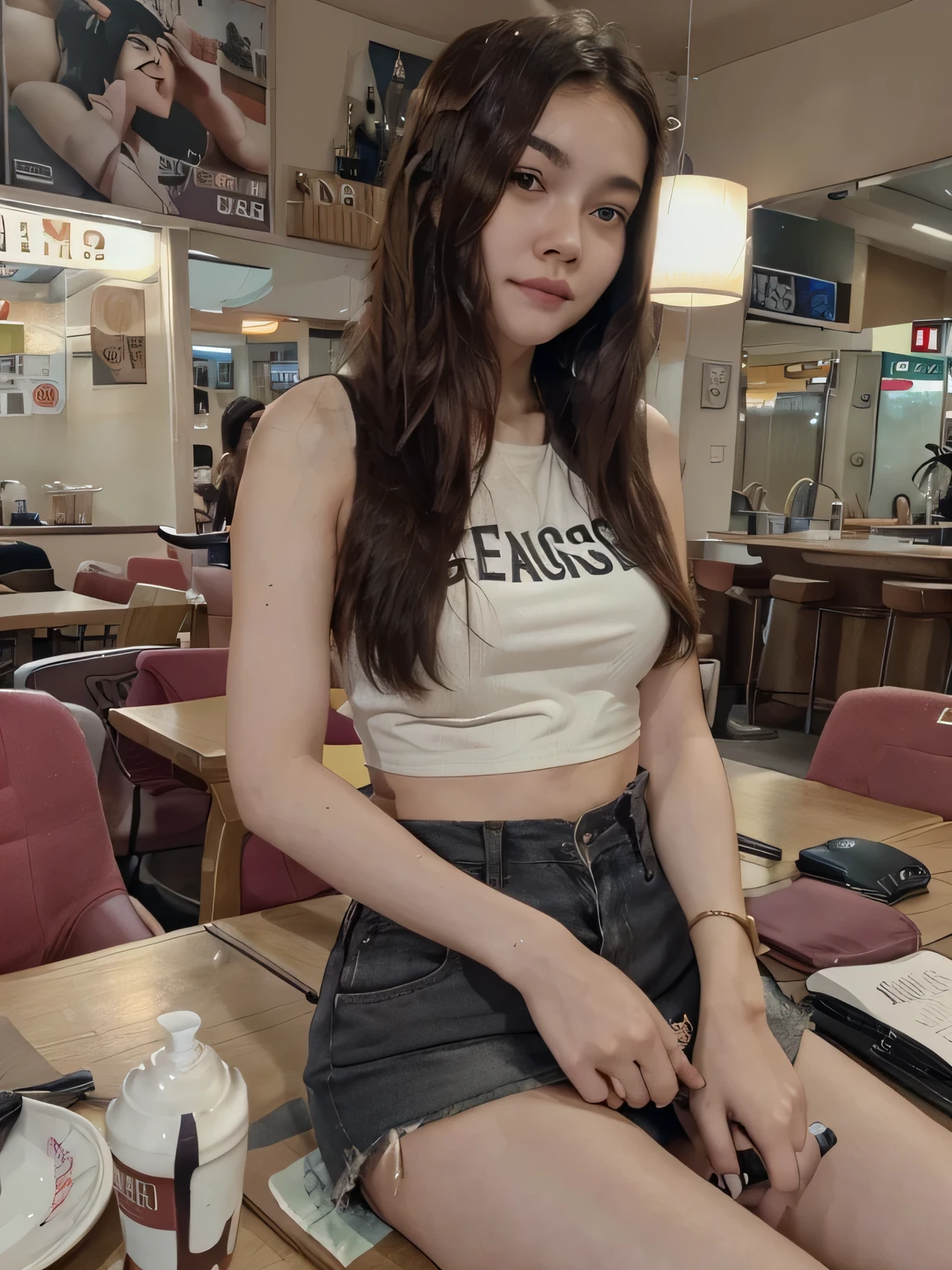 there is a woman sitting at a table with a purse on it, a picture by Dan Content, tumblr, tachisme, 19-year-old girl, young and cute girl, very height quality, good young girl, dang my linh, trending at cgstation, 2263539546], photo of slim girl, straight hair
