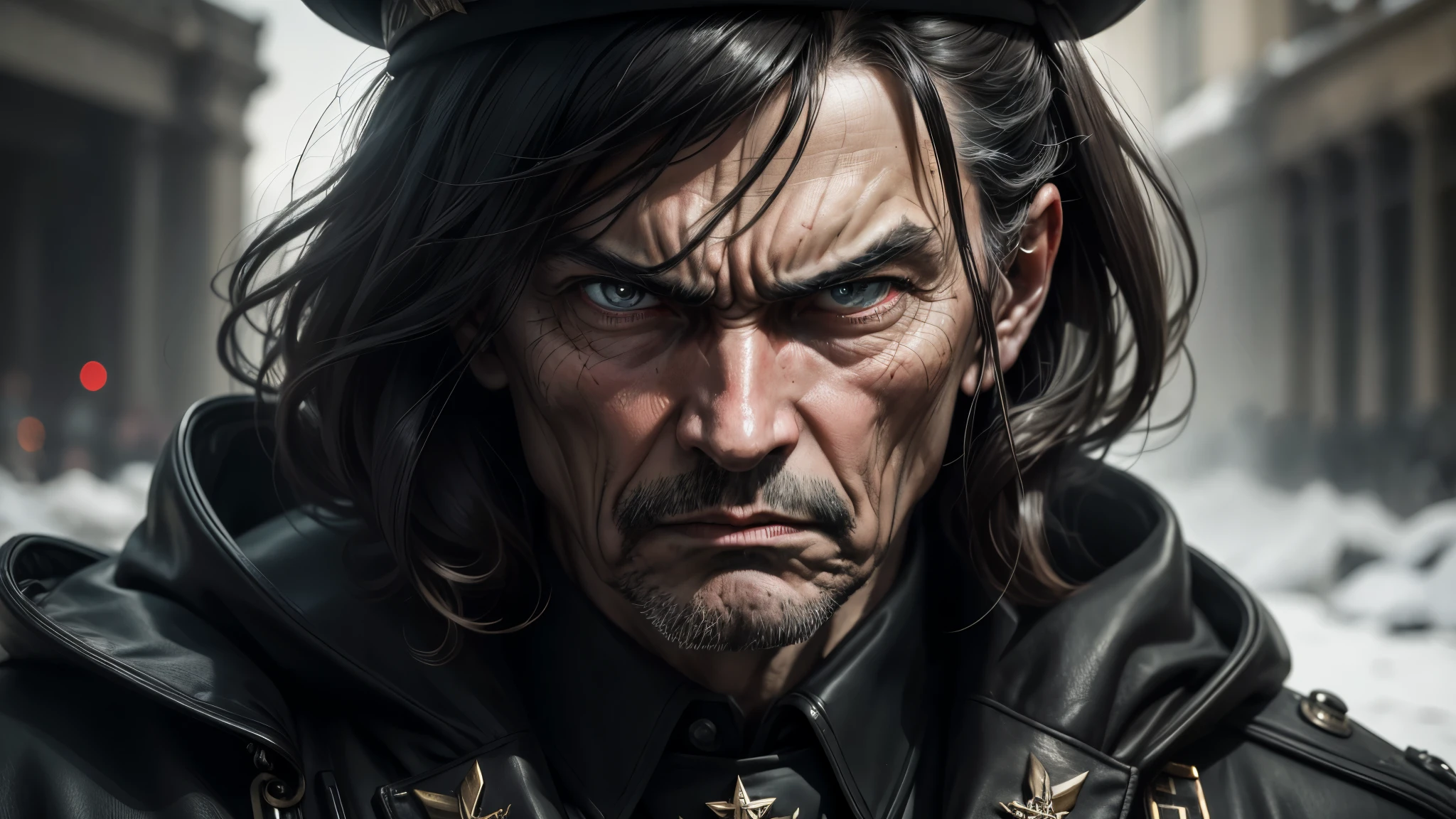 best quality, ultra high resolution,masterpiece, (reality,detail,close up)World War II,General in black coat,Treacherous expression,arrogant