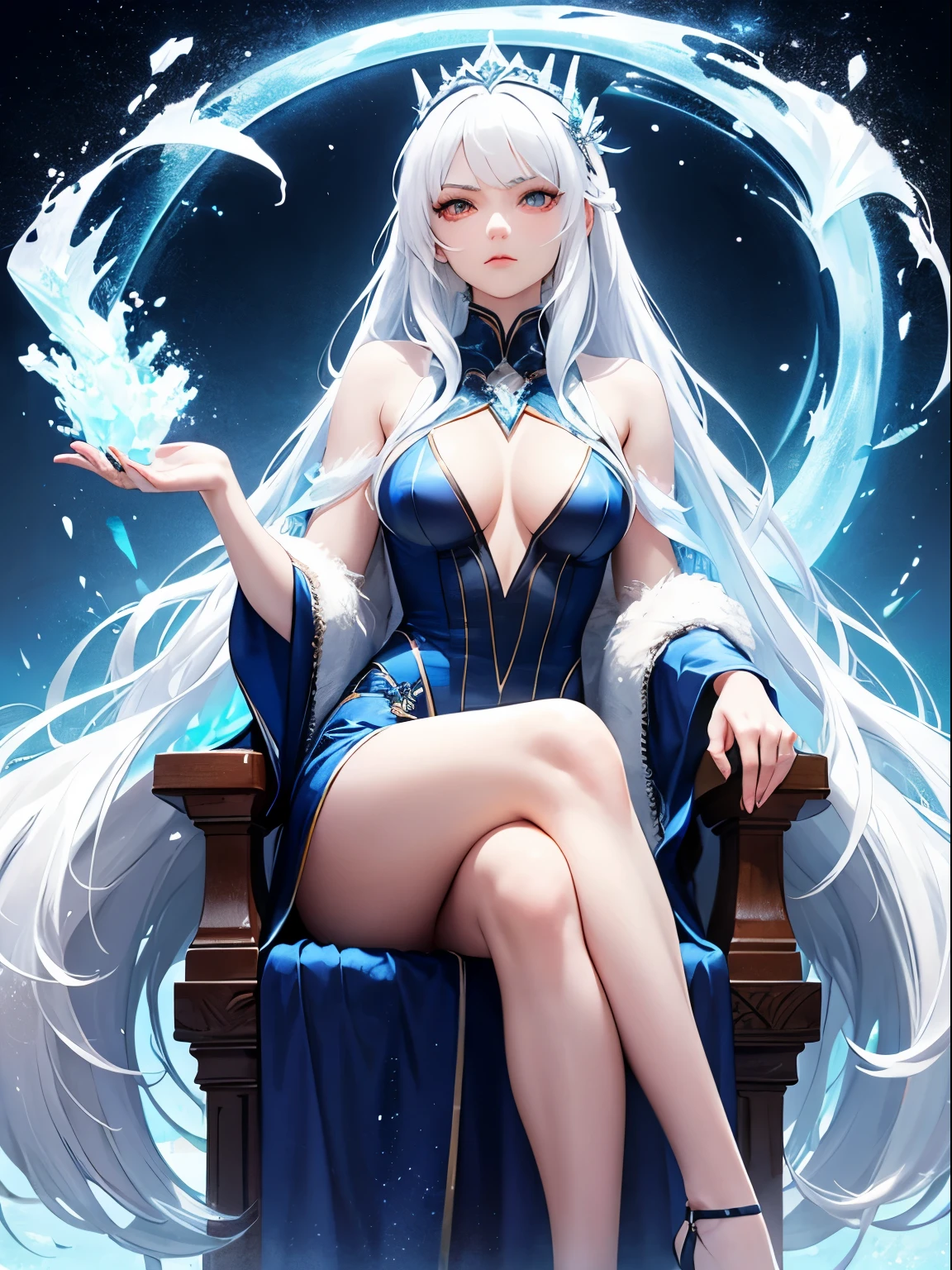 (ice queen, long hair, pure white hair, glowing hair, glowing eyes, serious face), crossed legs, sexy