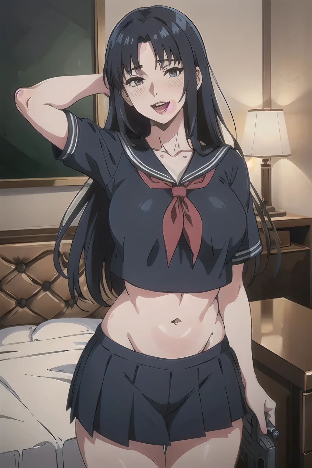  fw.nush, long hair,  evil smile, mature female, milf, masterpiece, best quality, highly detailed, a anime girls in sailor uniforms with a gun posing for a picture,
evil smile, smile, open mouth,black_serafuku, ecchi anime style, anime girls , (nsfw) not safe for work,
ecchi style, ecchi, shipgirls, digital anime art!!, high school girls, in anime style, official artwork, beautiful
anime high school girl, anime style 4 k, micro skirt, exposed belly, exposed navel, exposed midriff,
exposed lower belly,school, classroom, 