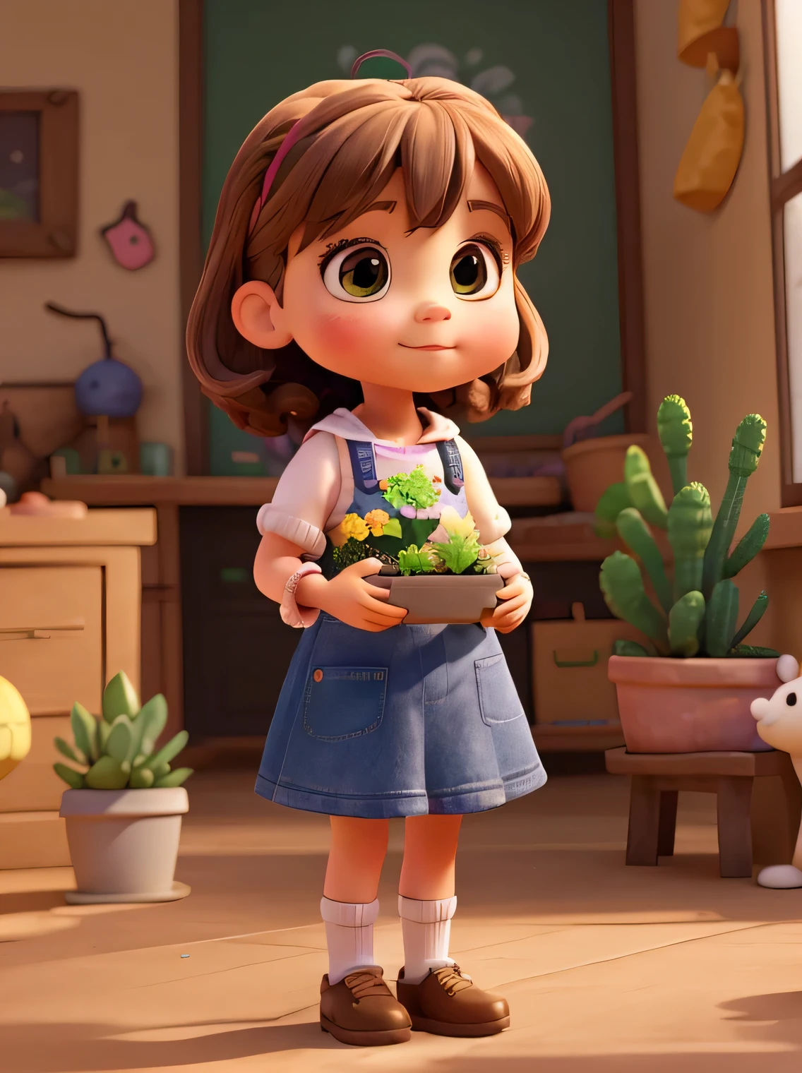 A cute little girl doing crafts, rabbit, succulent plants, 3D art, c4d, Okla rendering, Ray tracing, Pomart Blind Box, clay material, Pixar Trends, animated lighting, depth of field, Ultra-detailed, Pomart, pixar animation, cute characters, chibi, Front view, area lighting, Solid background, ultra high definition