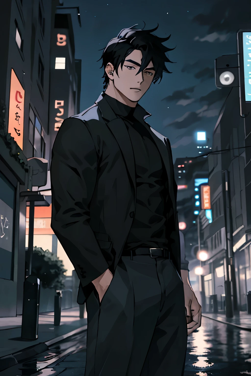 1man,masterpiece,best quality, ultra high res, dusk,cityscape,depth of field, short black messy hair, solo male