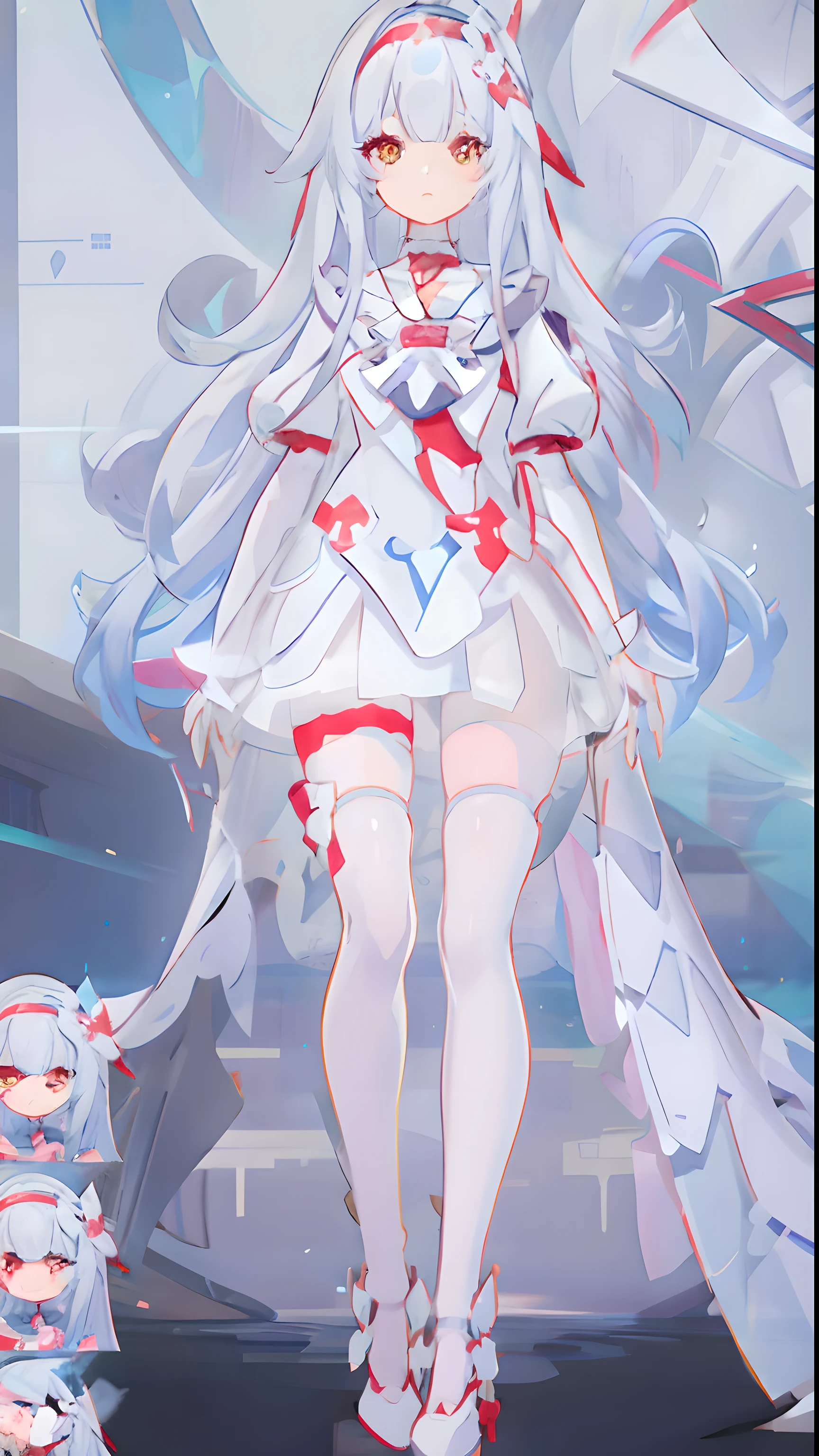 Anime - stylized image of a woman wearing a white dress and blue hair, Azure Lane style, a scene from《Azure Lane》Electronic games, clear clothing design, 《Azure Lane》Role, Digital art on pixiv, Curvy little loli, short full body portrait!, Ethereal mecha theme, symmetry!! concept art, Cute anime waifu wearing beautiful clothes